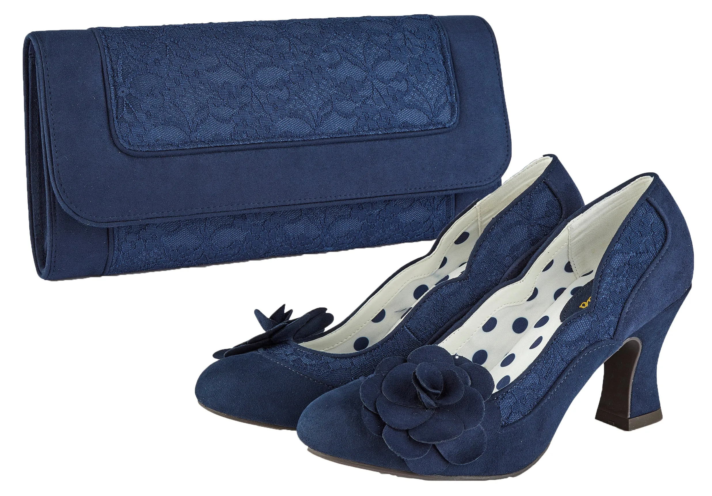 Chrissie Navy Blue Mid Heel Lace Court Shoes by Ruby Shoo