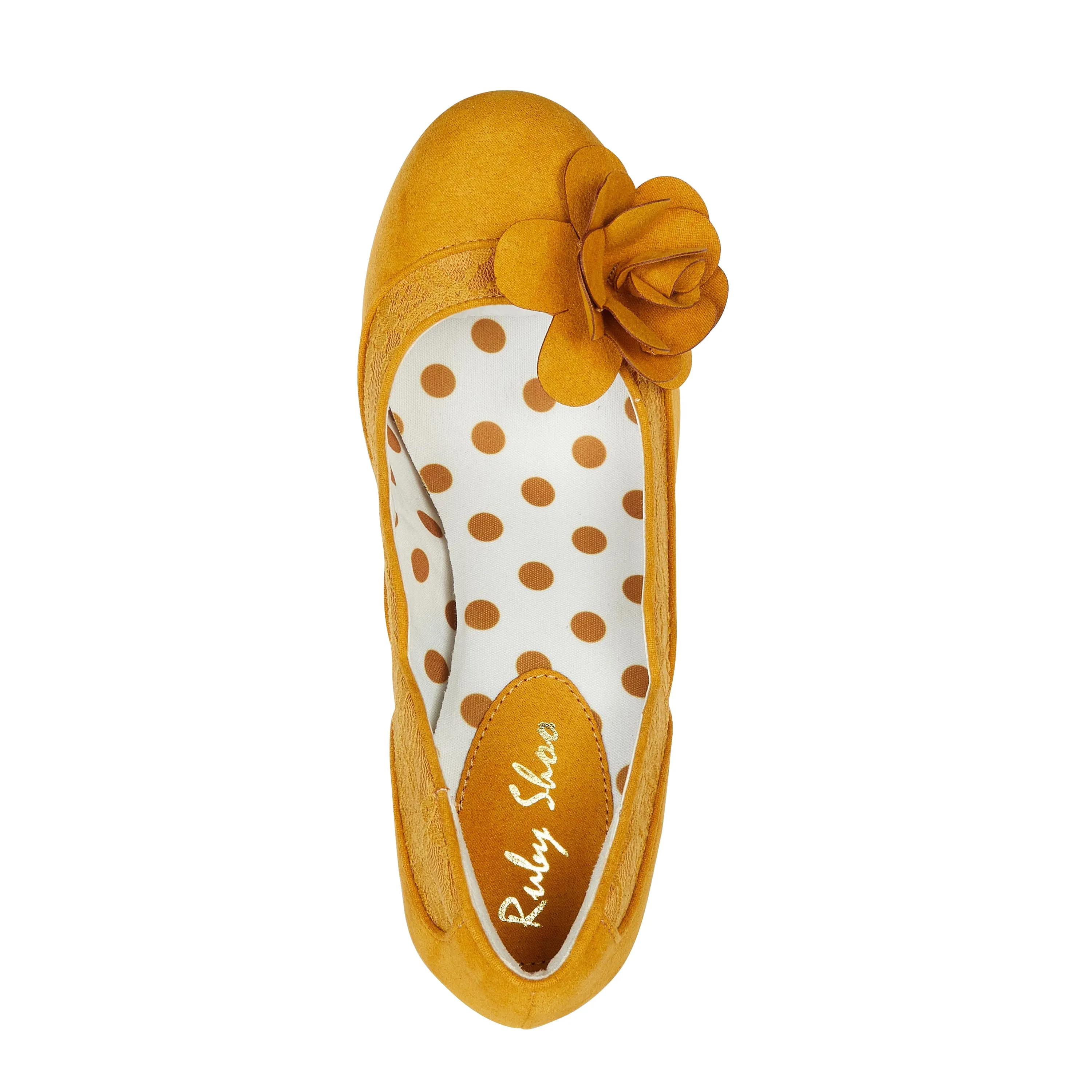 Chrissie Ochre Mustard Yellow Mid Heel Lace Court Shoes by Ruby Shoo