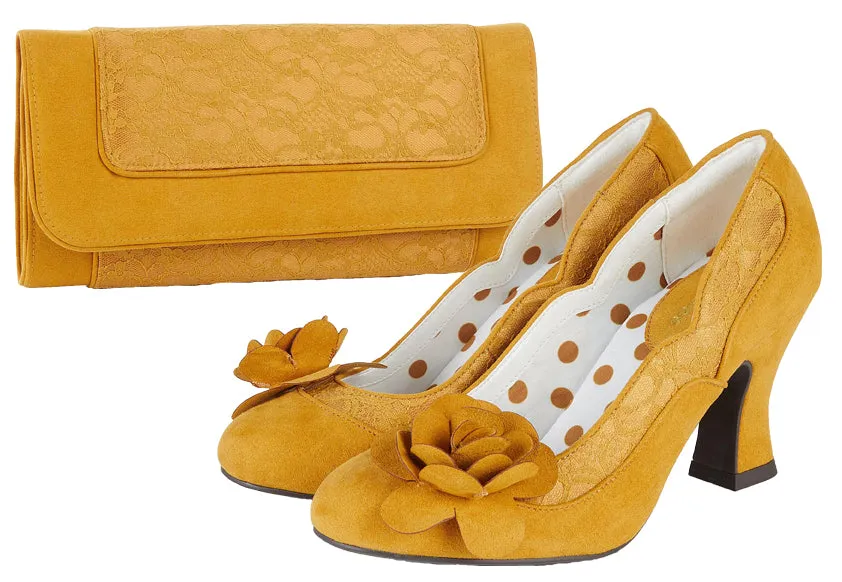 Chrissie Ochre Mustard Yellow Mid Heel Lace Court Shoes by Ruby Shoo