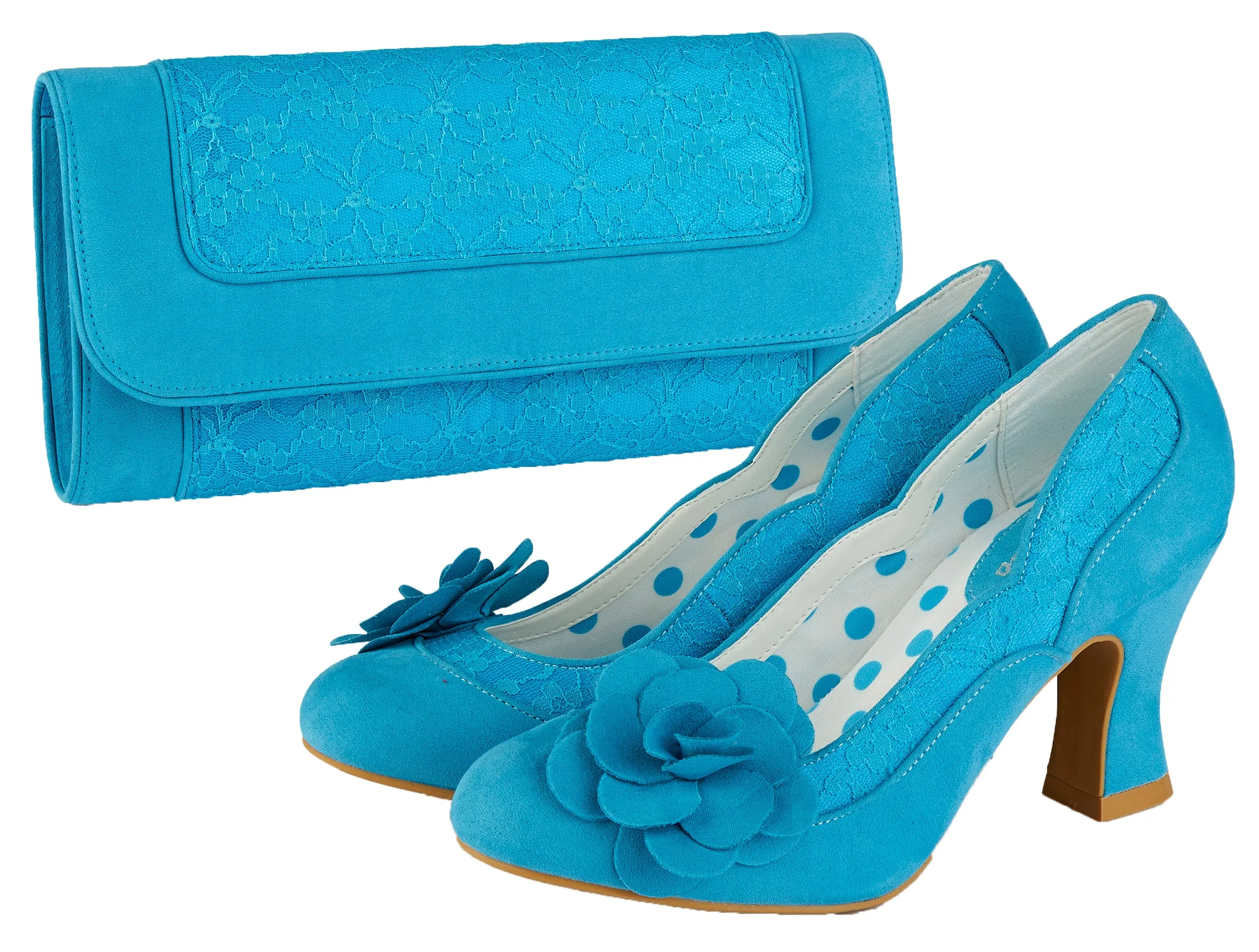Chrissie Turquoise Blue Mid Heel Lace Court Shoes & Matching Tirana Bag by Ruby Shoo