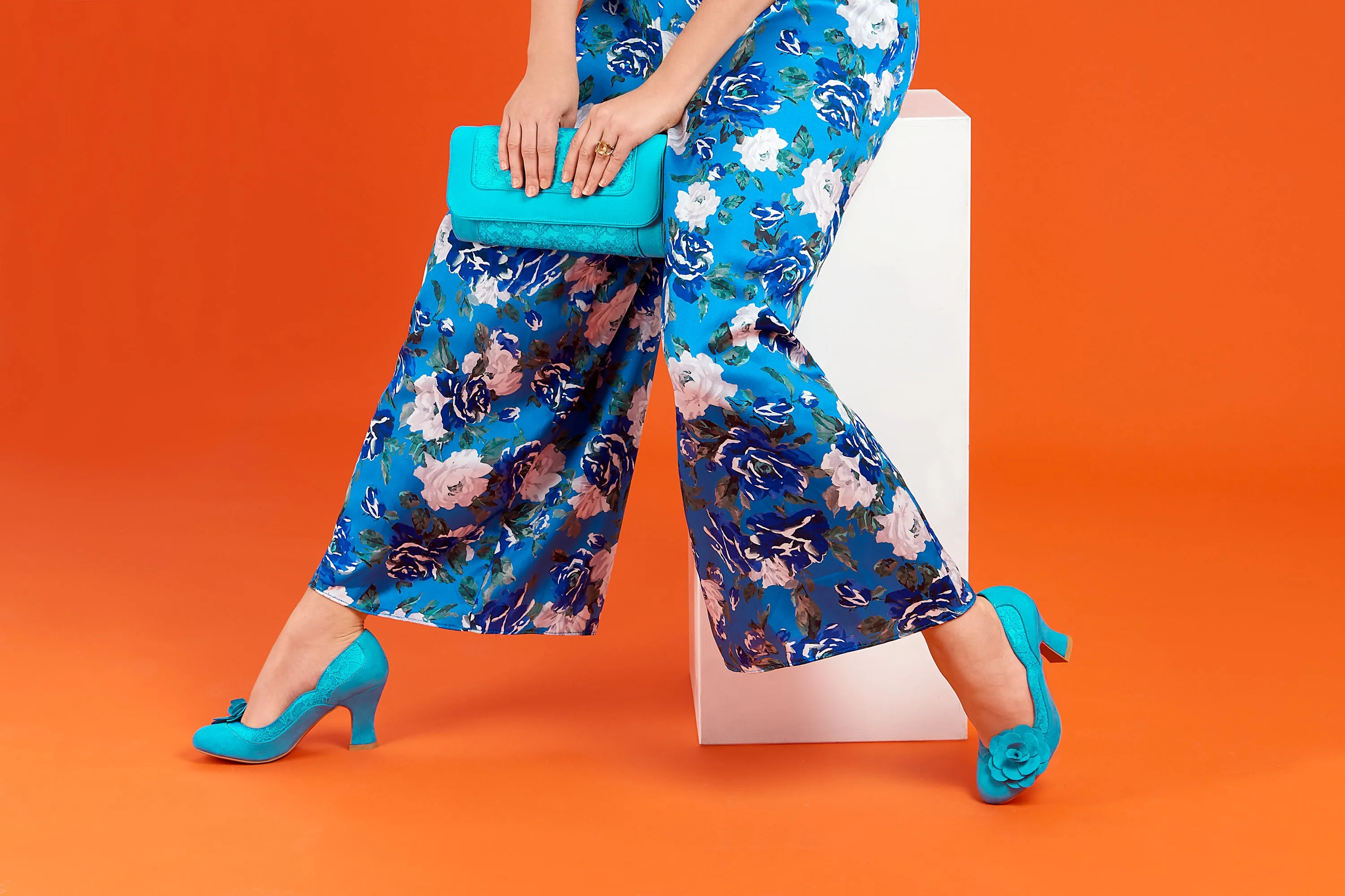 Chrissie Turquoise Blue Mid Heel Lace Court Shoes & Matching Tirana Bag by Ruby Shoo