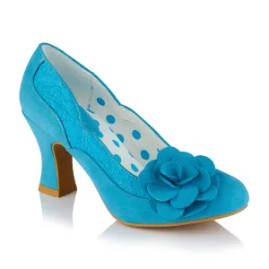 Chrissie Turquoise Blue Mid Heel Lace Court Shoes by Ruby Shoo