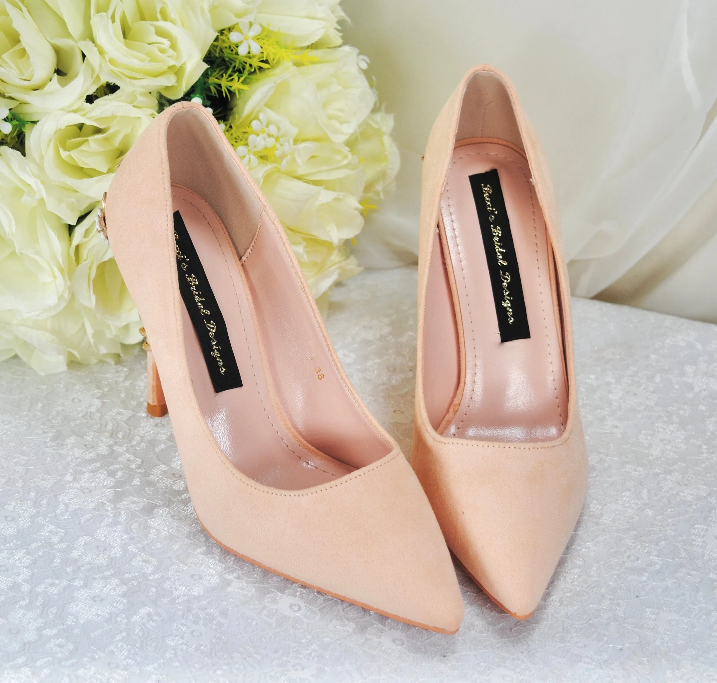 Colour of the Year Peach Bridal Shoes with Floral Heel Embellishment