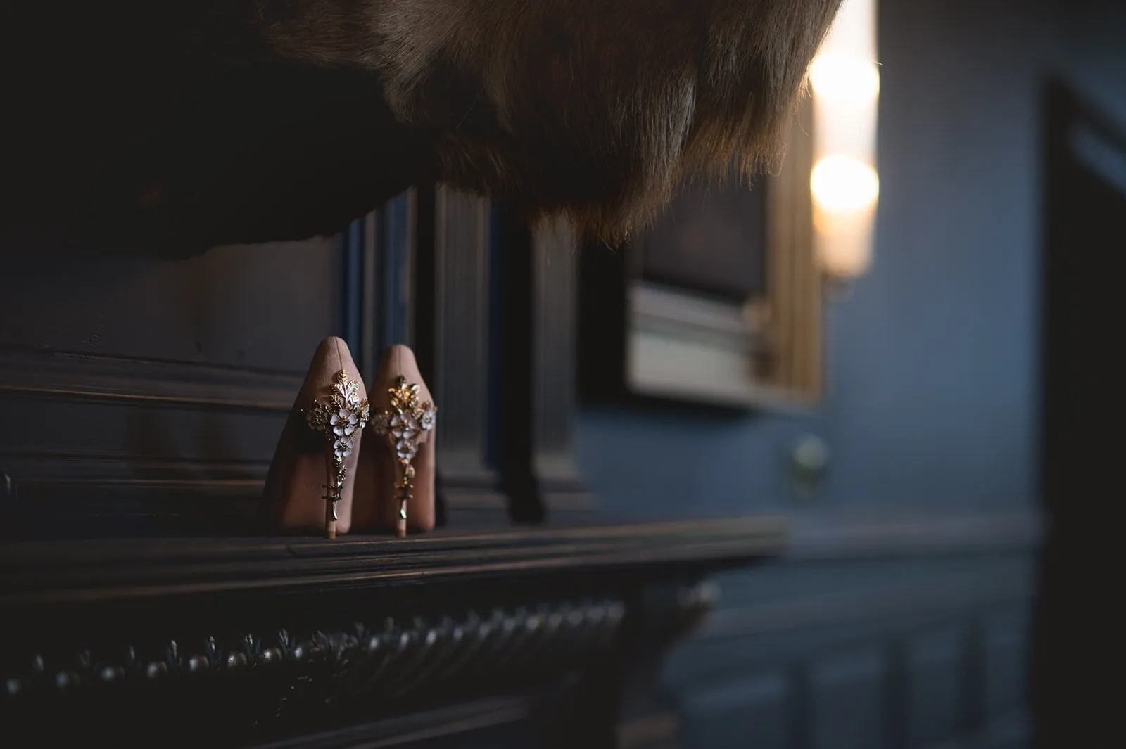 Colour of the Year Peach Bridal Shoes with Floral Heel Embellishment