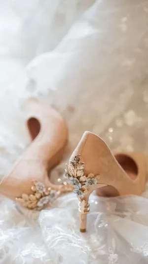 Colour of the Year Peach Bridal Shoes with Floral Heel Embellishment
