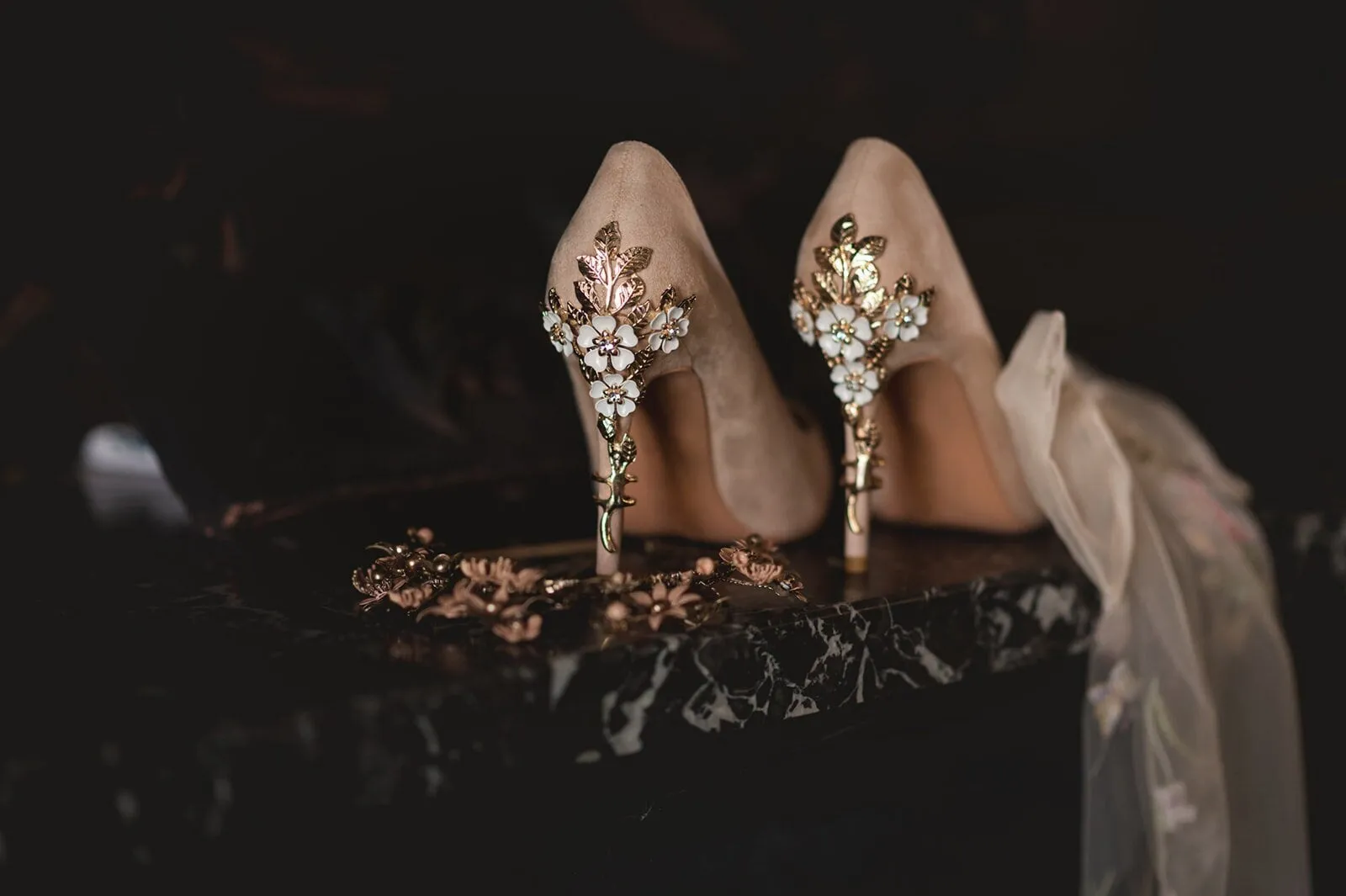 Colour of the Year Peach Bridal Shoes with Floral Heel Embellishment
