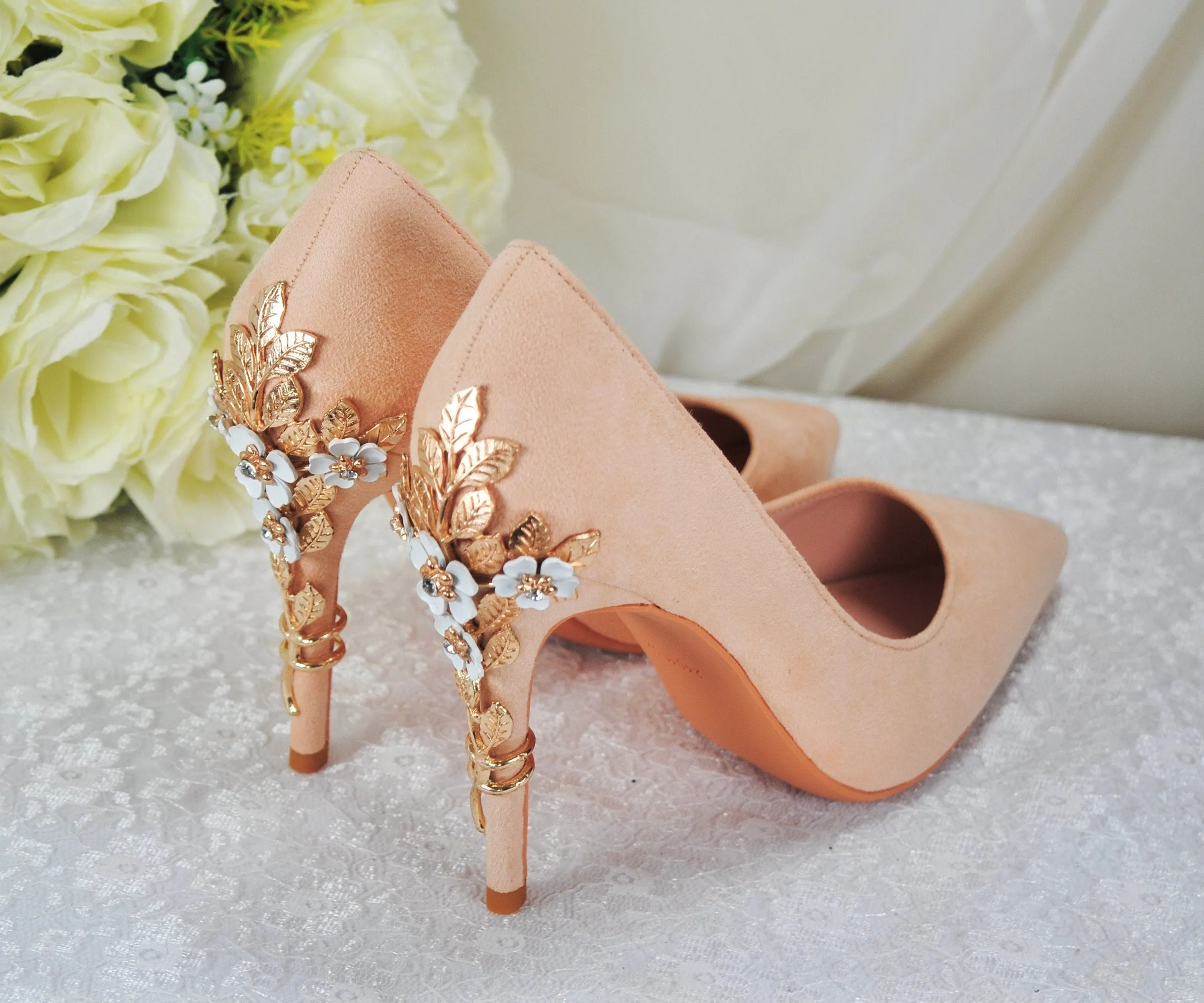 Colour of the Year Peach Bridal Shoes with Floral Heel Embellishment