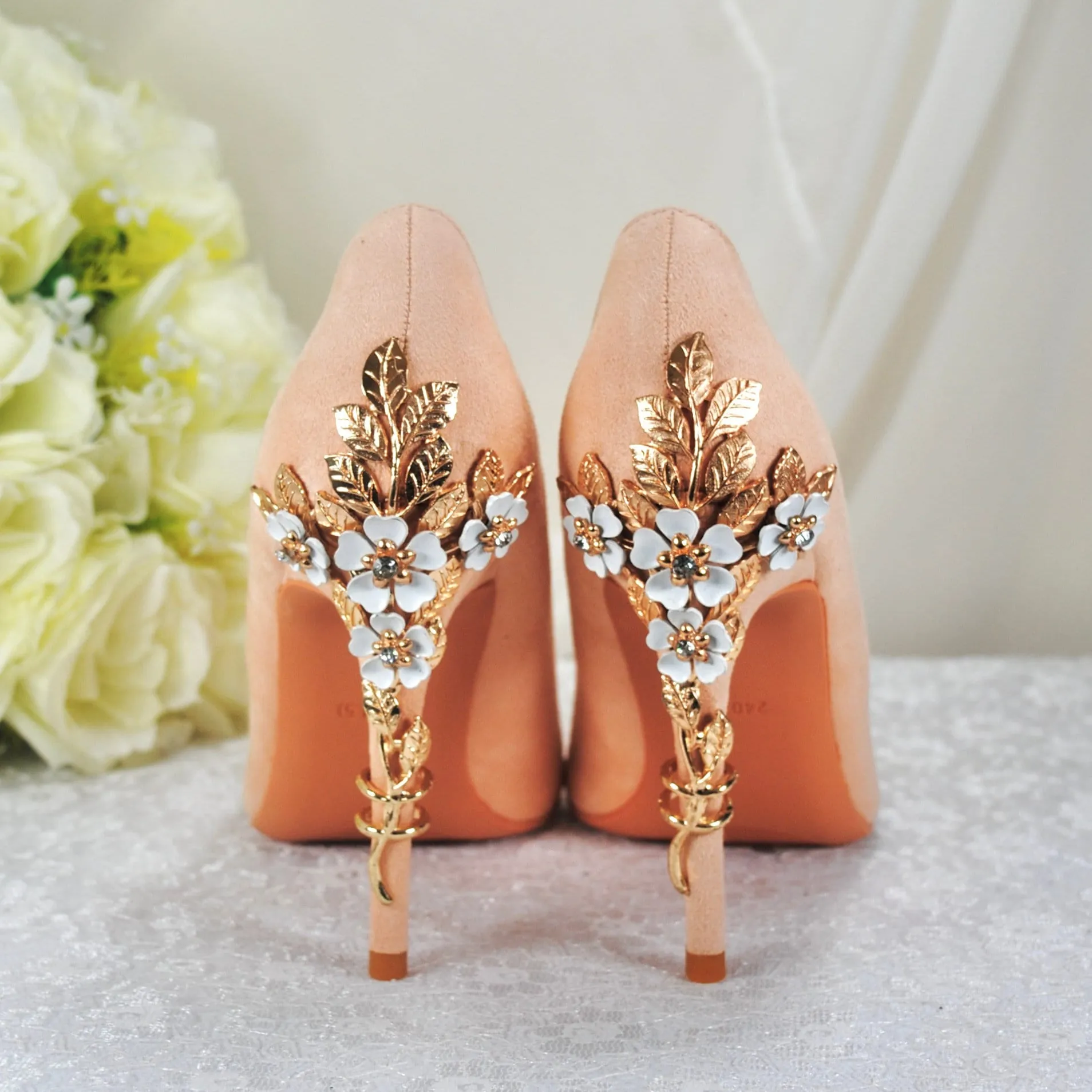 Colour of the Year Peach Bridal Shoes with Floral Heel Embellishment