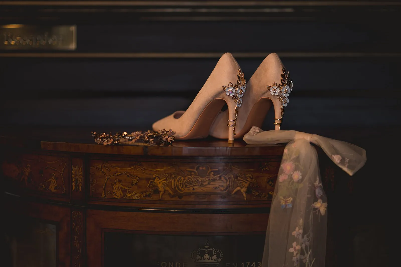 Colour of the Year Peach Bridal Shoes with Floral Heel Embellishment