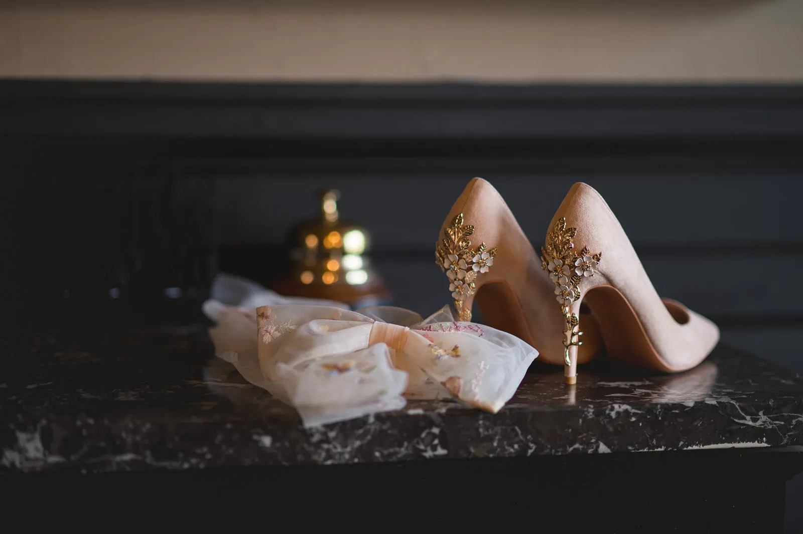 Colour of the Year Peach Bridal Shoes with Floral Heel Embellishment