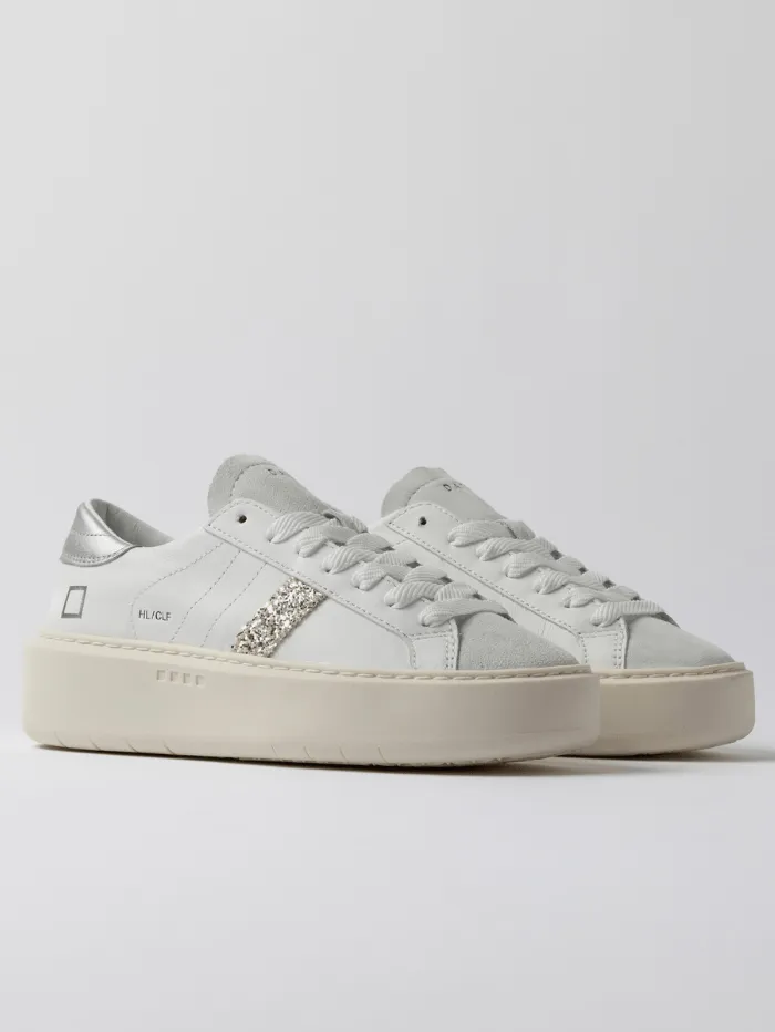 D.A.T.E. Women's Hill Low Platform Calf White Silver Trainers W421-HP-CA-WS