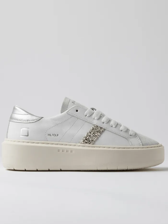 D.A.T.E. Women's Hill Low Platform Calf White Silver Trainers W421-HP-CA-WS