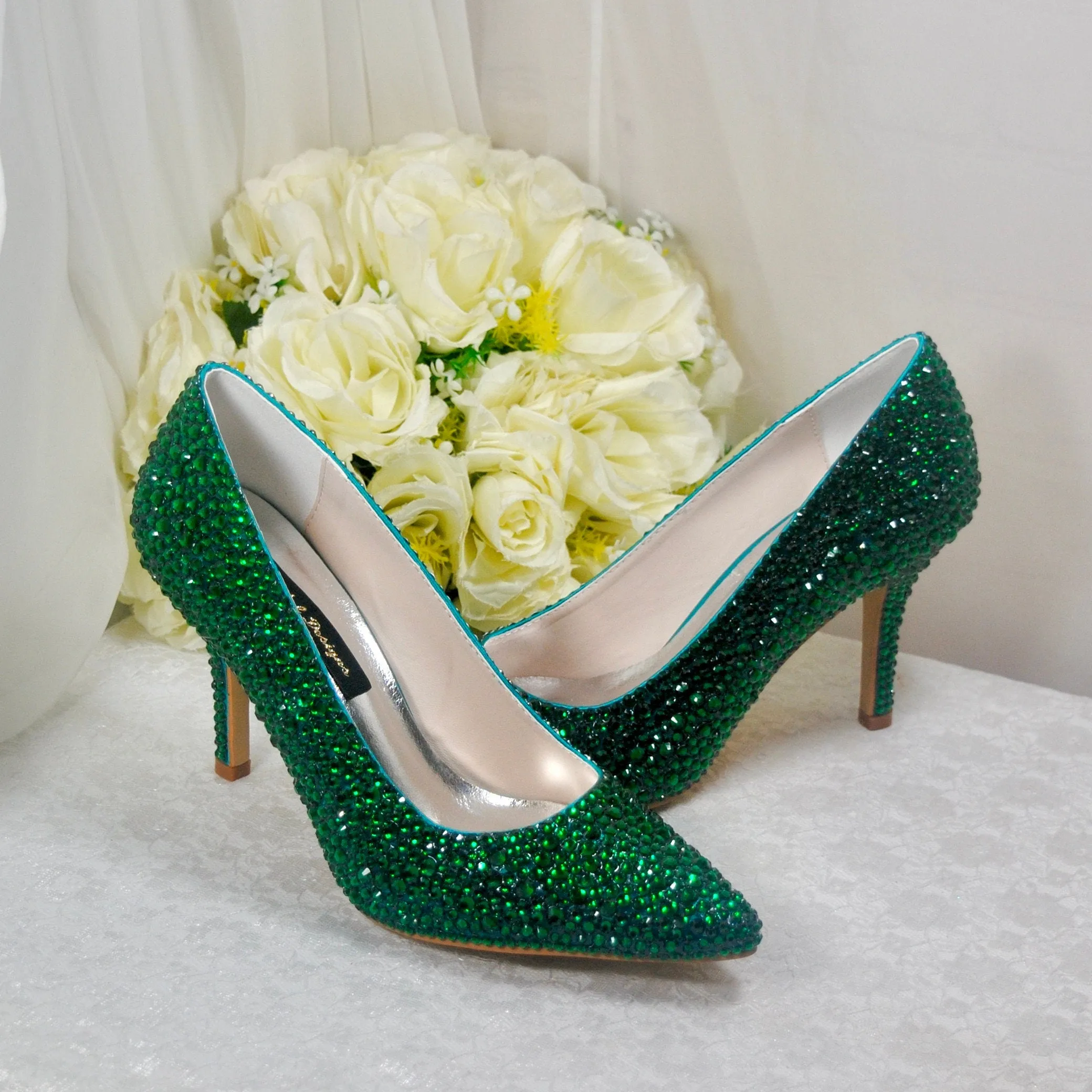 Emerald Green Crystal Heels with Matching Clutch Bag