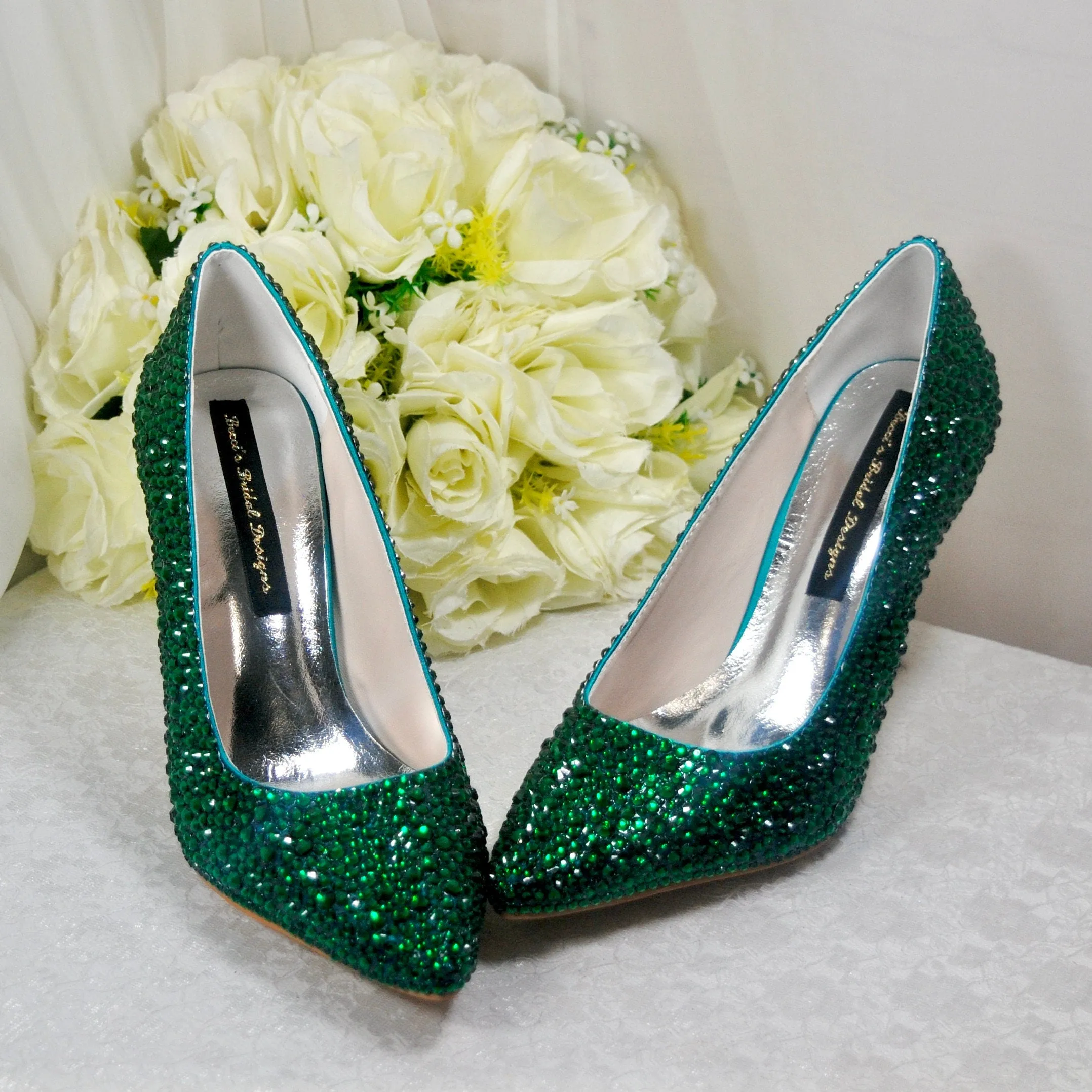 Emerald Green Crystal Heels with Matching Clutch Bag