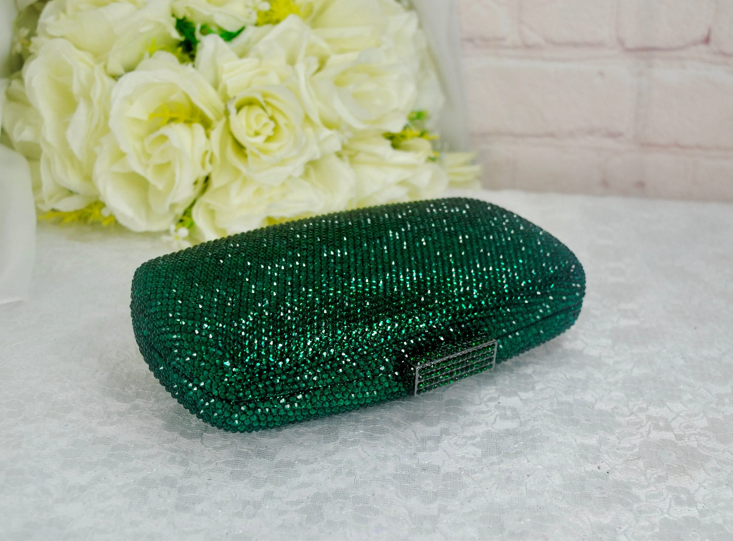 Emerald Green Crystal Heels with Matching Clutch Bag