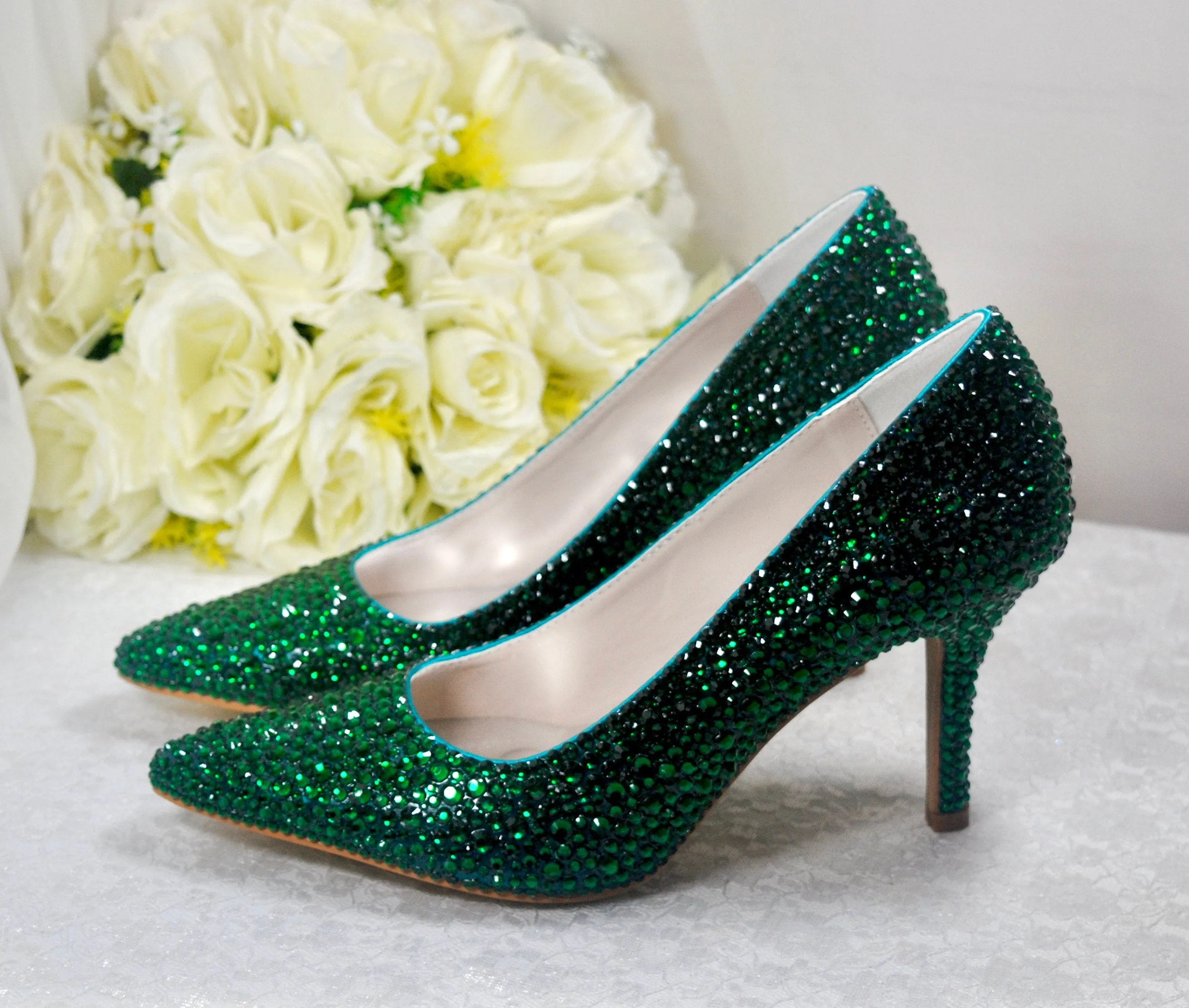 Emerald Green Crystal Heels with Matching Clutch Bag