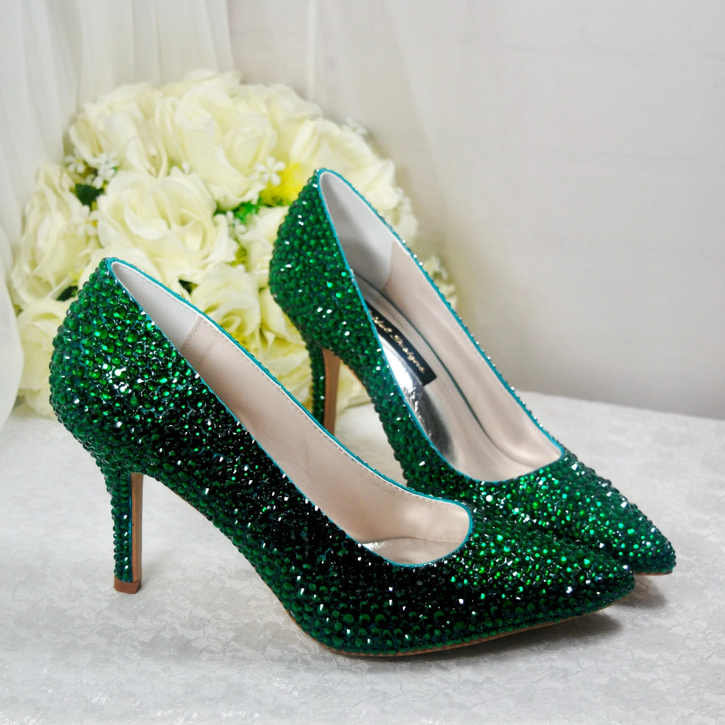 Emerald Green Crystal Heels with Matching Clutch Bag
