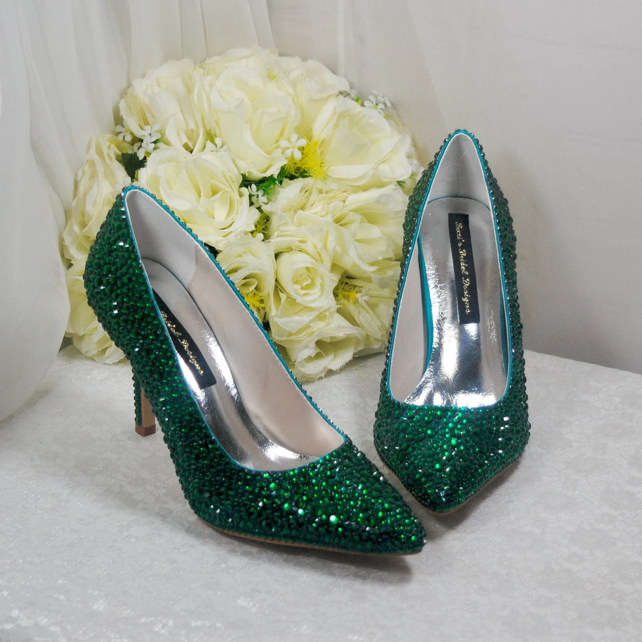 Emerald Green Crystal Heels with Matching Clutch Bag