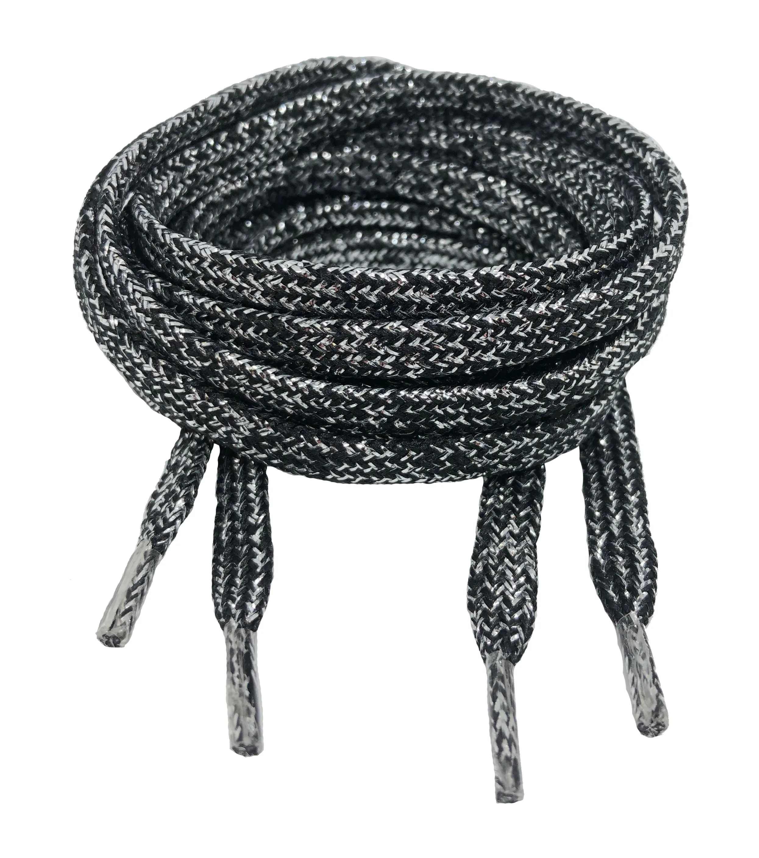 Flat Patterned Shiny Lurex Shoelaces Black Silver - 8mm wide