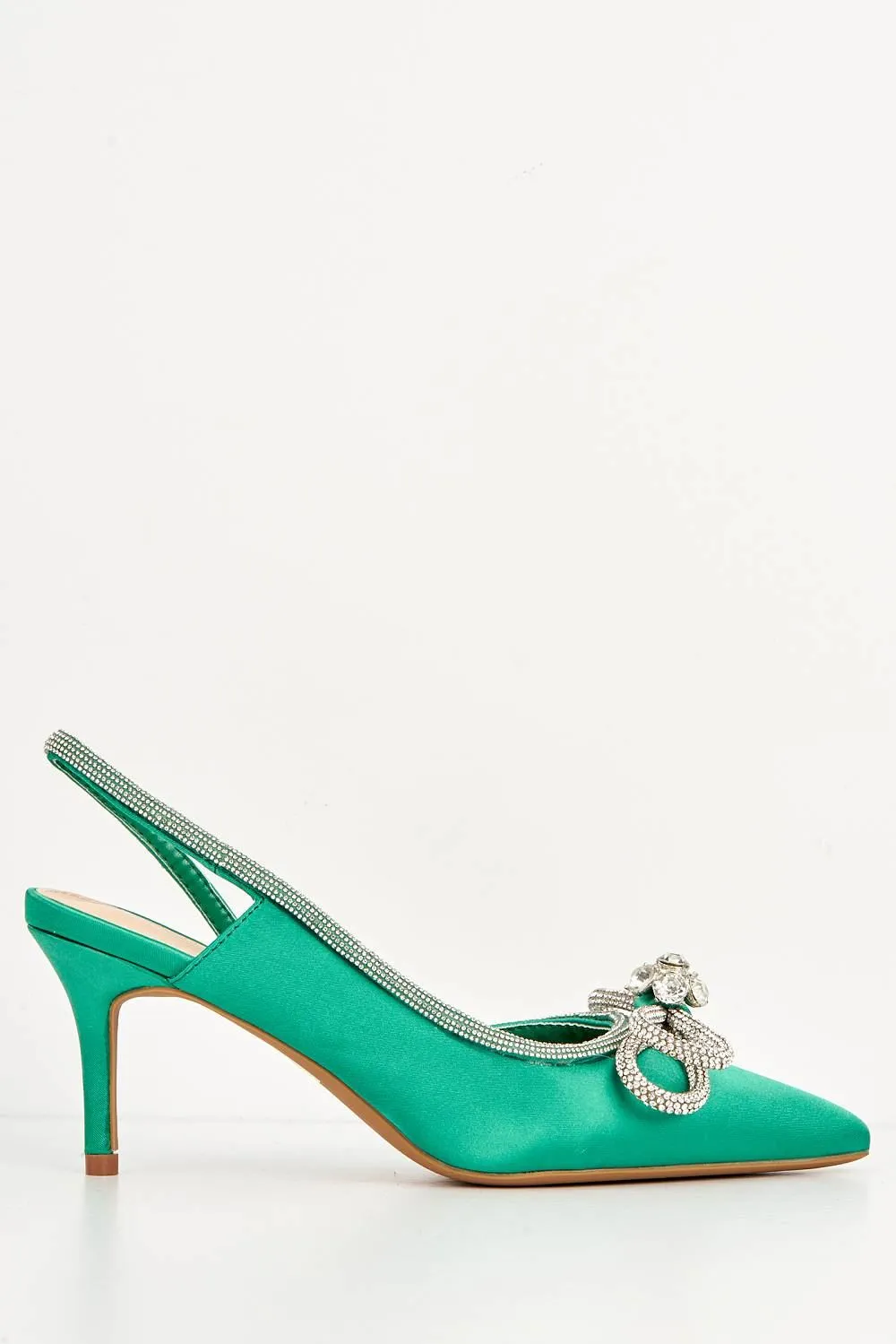 Fleur Diamante Embellished Bow Detail Court Shoes in Green