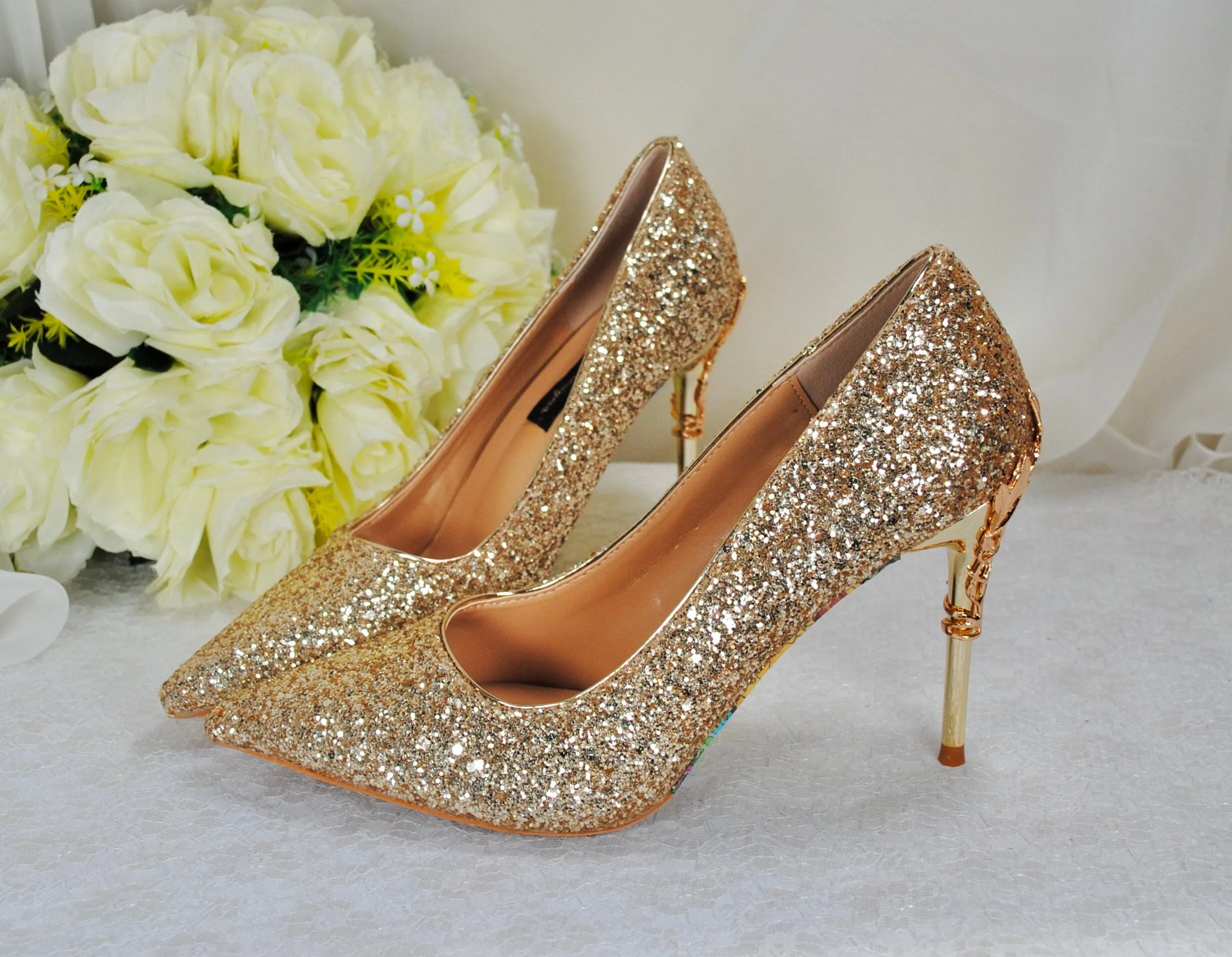 Gold Glitter Shoes, Beauty and the Beast 9cm - 7cm Heel