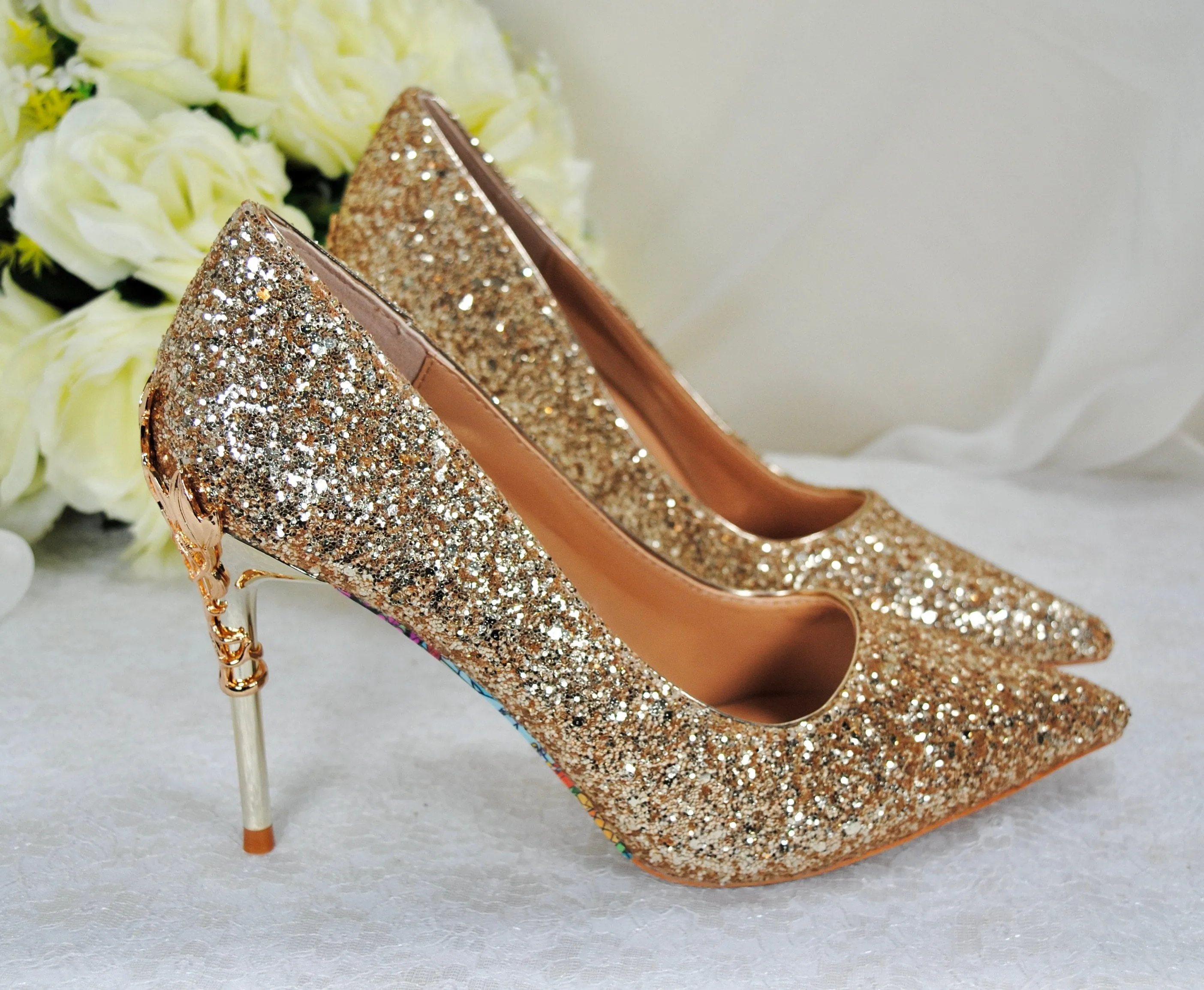 Gold Glitter Shoes, Beauty and the Beast 9cm - 7cm Heel