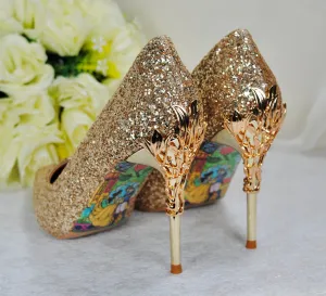 Gold Glitter Shoes, Beauty and the Beast 9cm - 7cm Heel