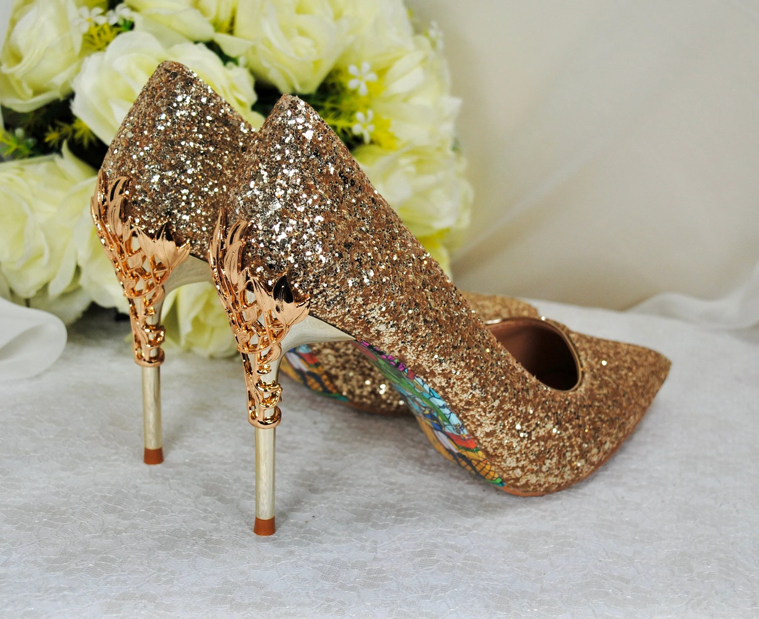 Gold Glitter Shoes, Beauty and the Beast 9cm - 7cm Heel