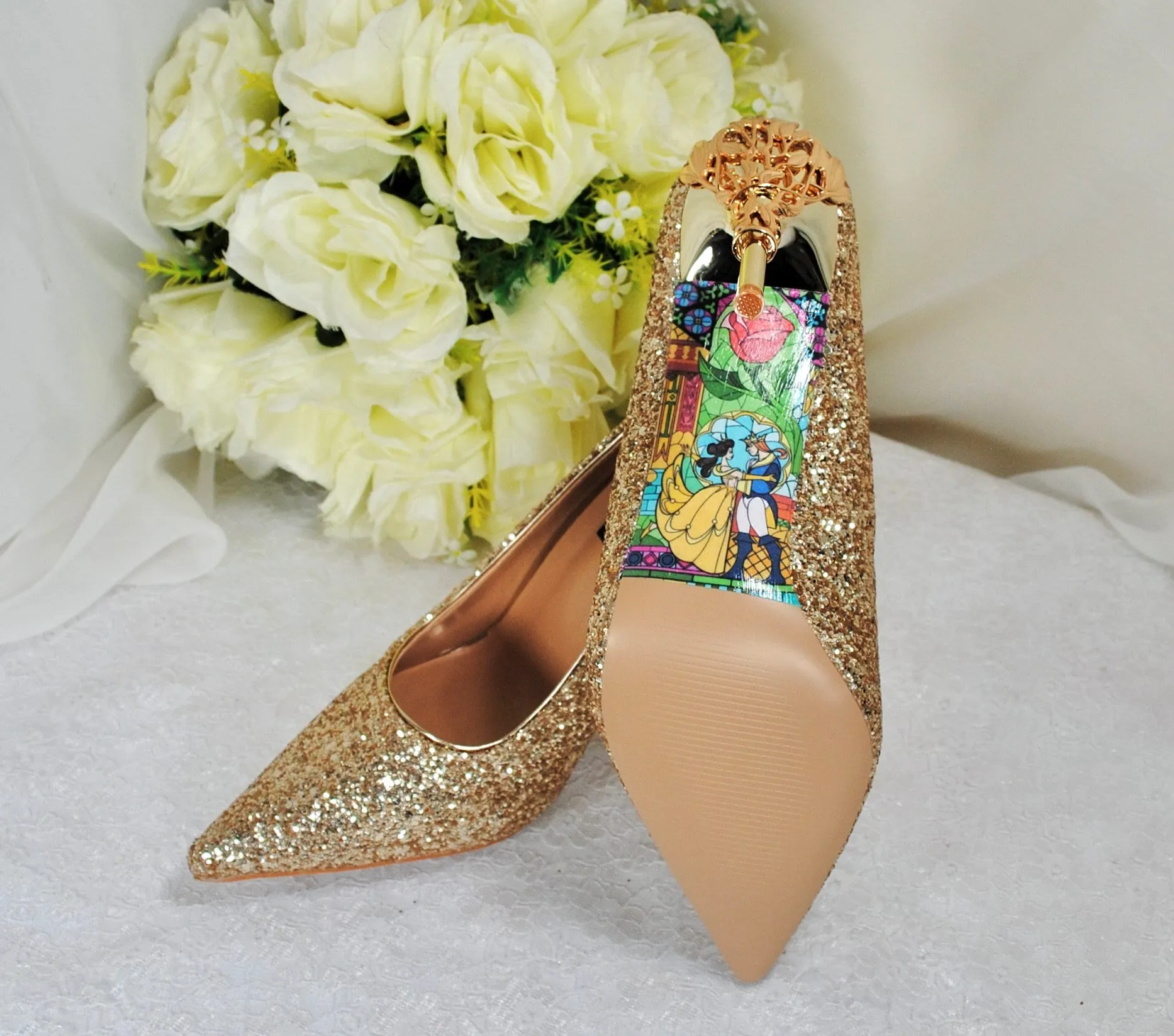 Gold Glitter Shoes, Beauty and the Beast 9cm - 7cm Heel