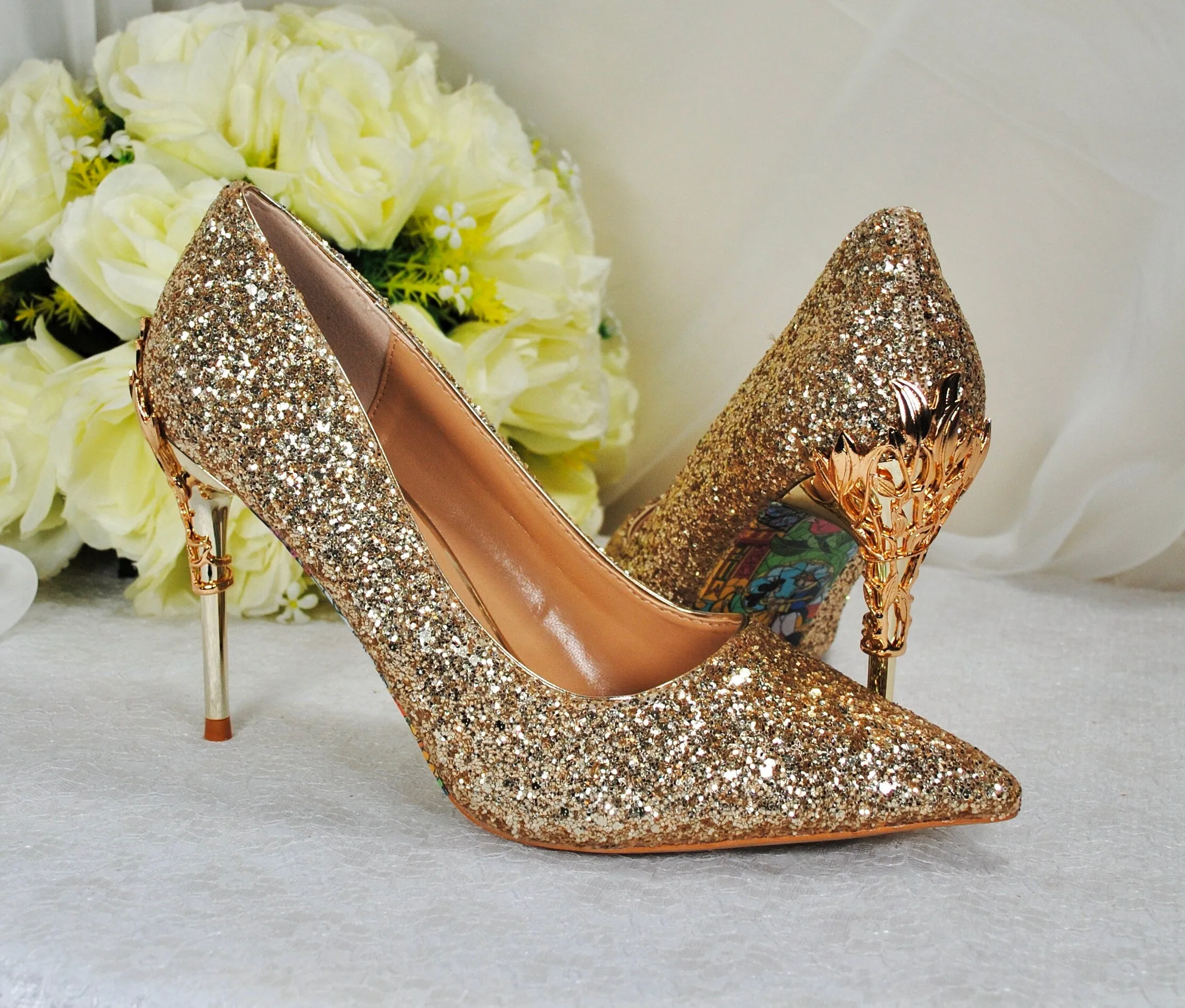 Gold Glitter Shoes, Beauty and the Beast 9cm - 7cm Heel