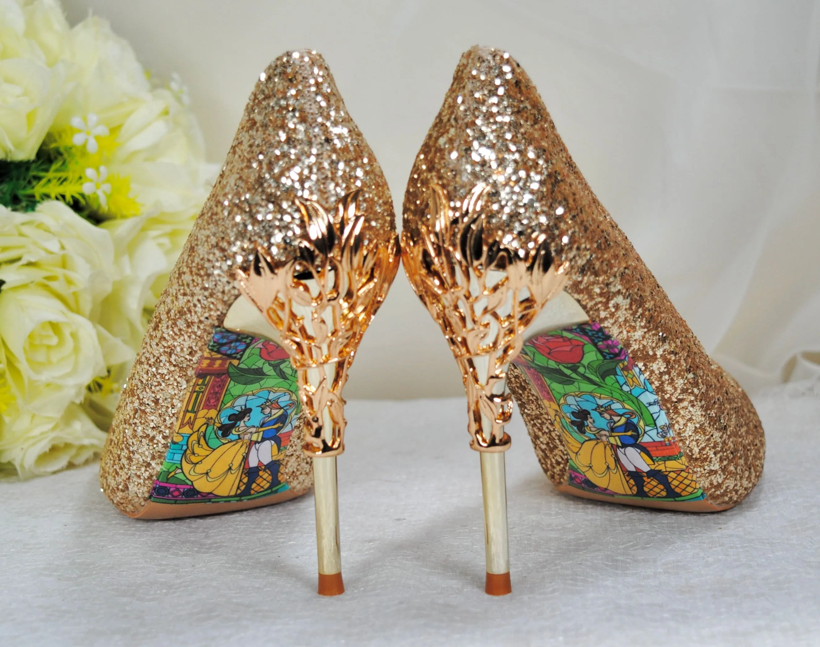 Gold Glitter Shoes, Beauty and the Beast 9cm - 7cm Heel