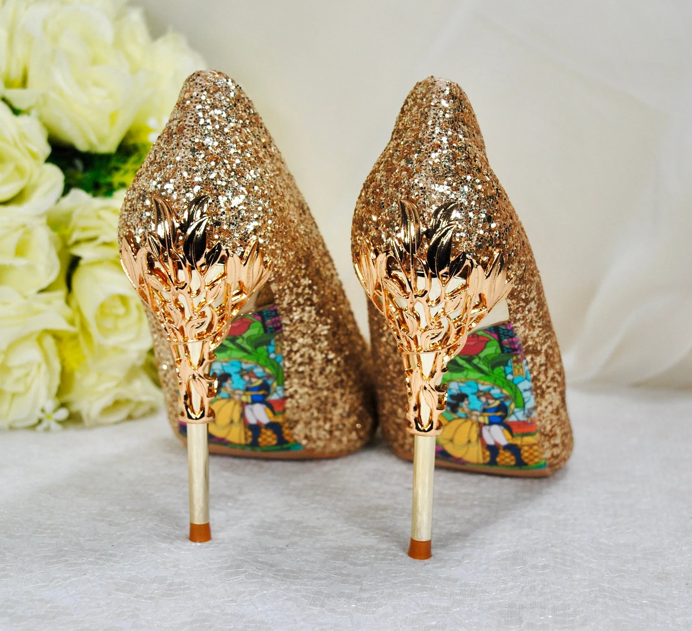 Gold Glitter Shoes, Beauty and the Beast 9cm - 7cm Heel