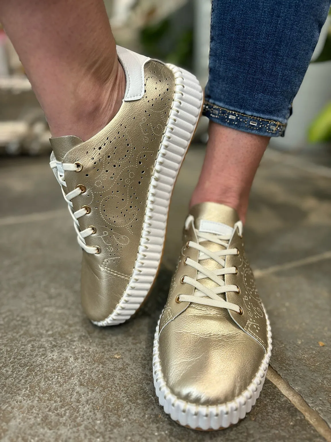 Gold Pierced Slip On Trainers