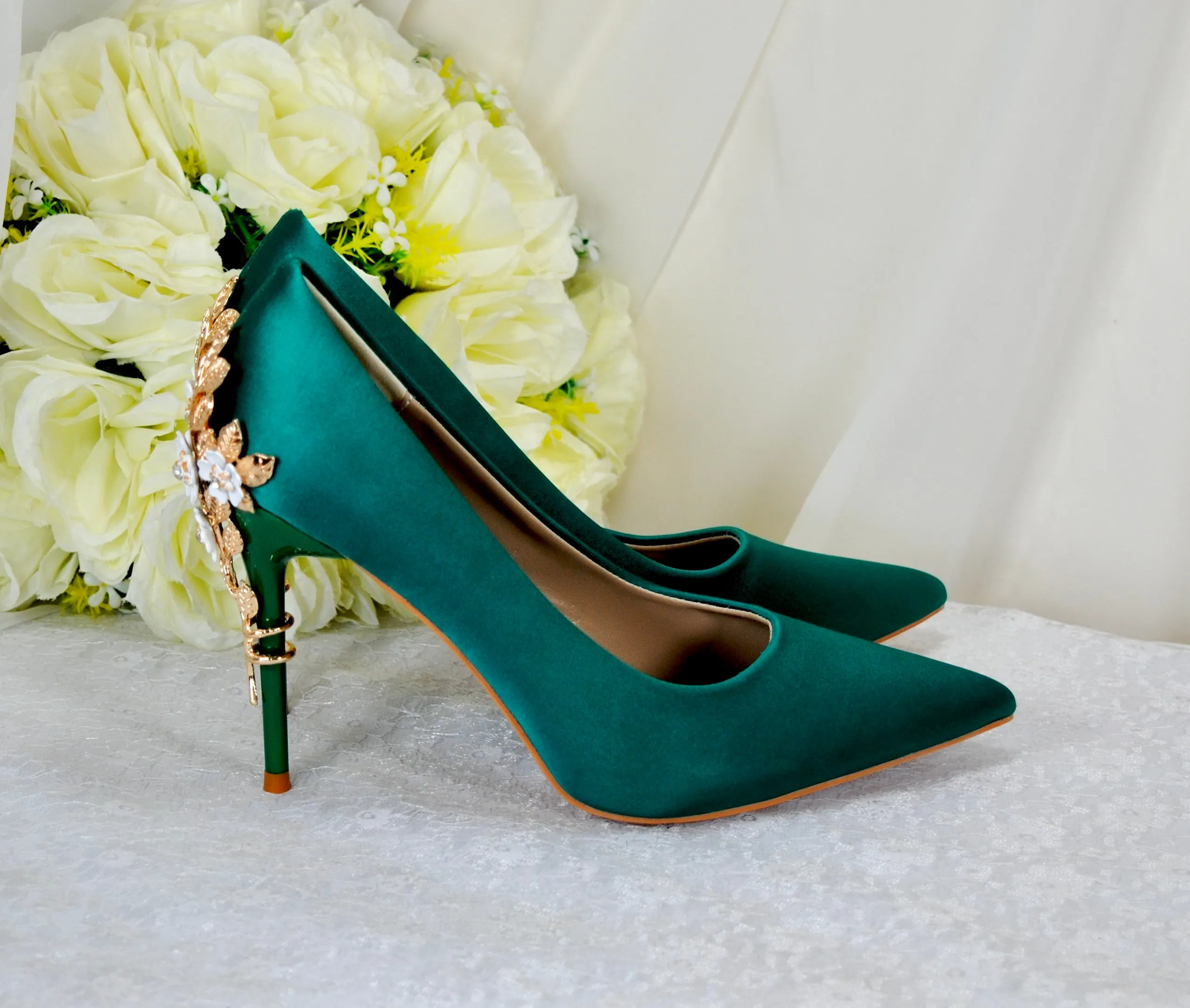 Green Satin with 'Cherry Blossom'