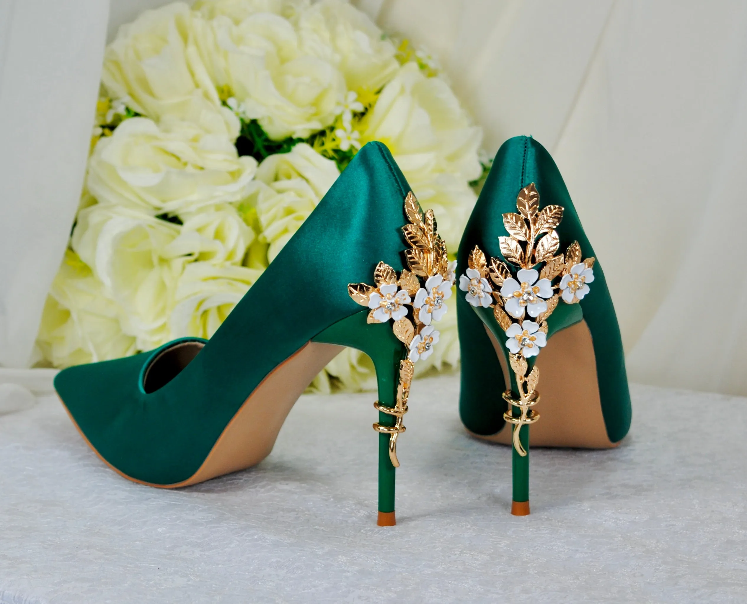 Green Satin with 'Cherry Blossom'