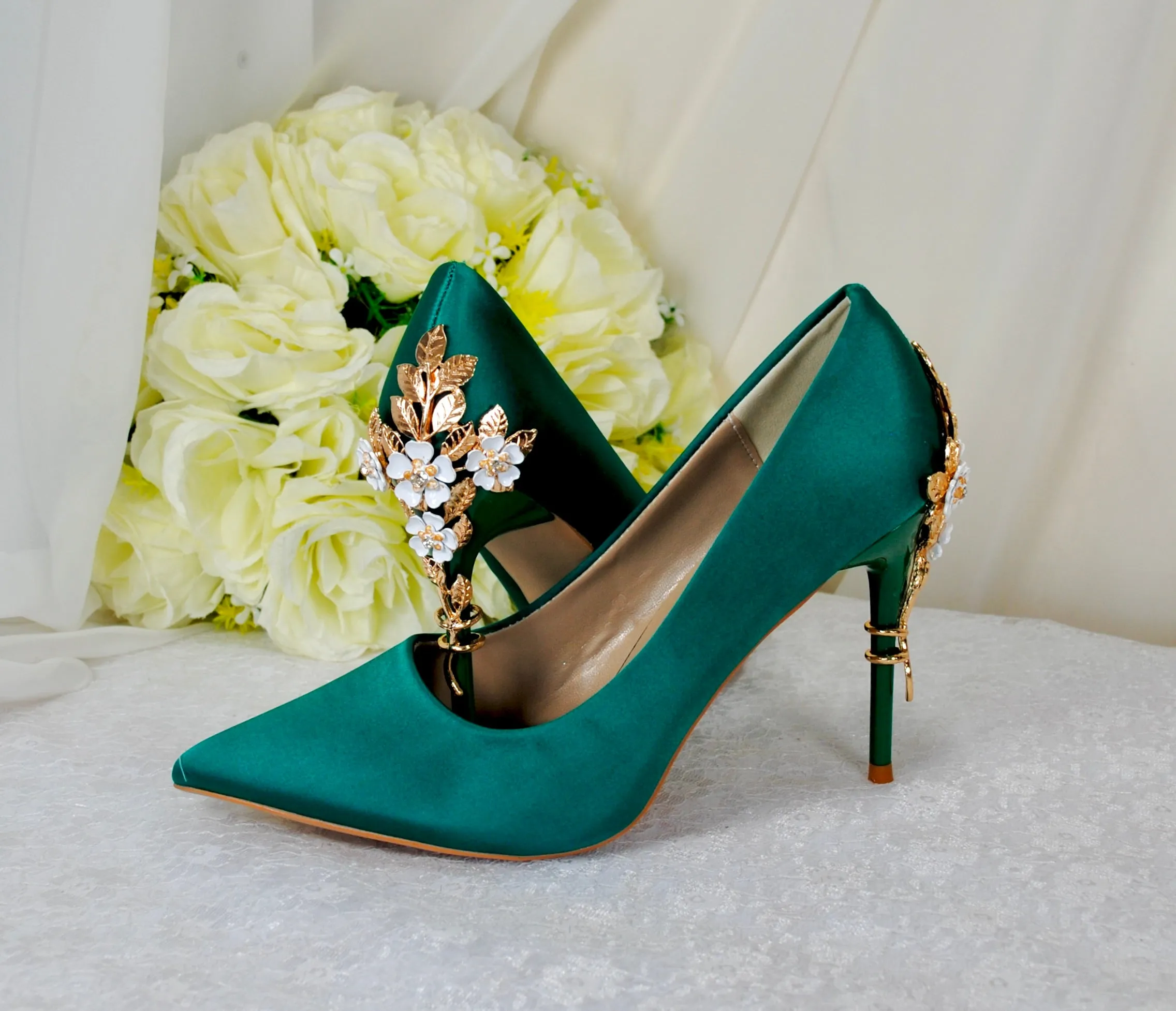 Green Satin with 'Cherry Blossom'