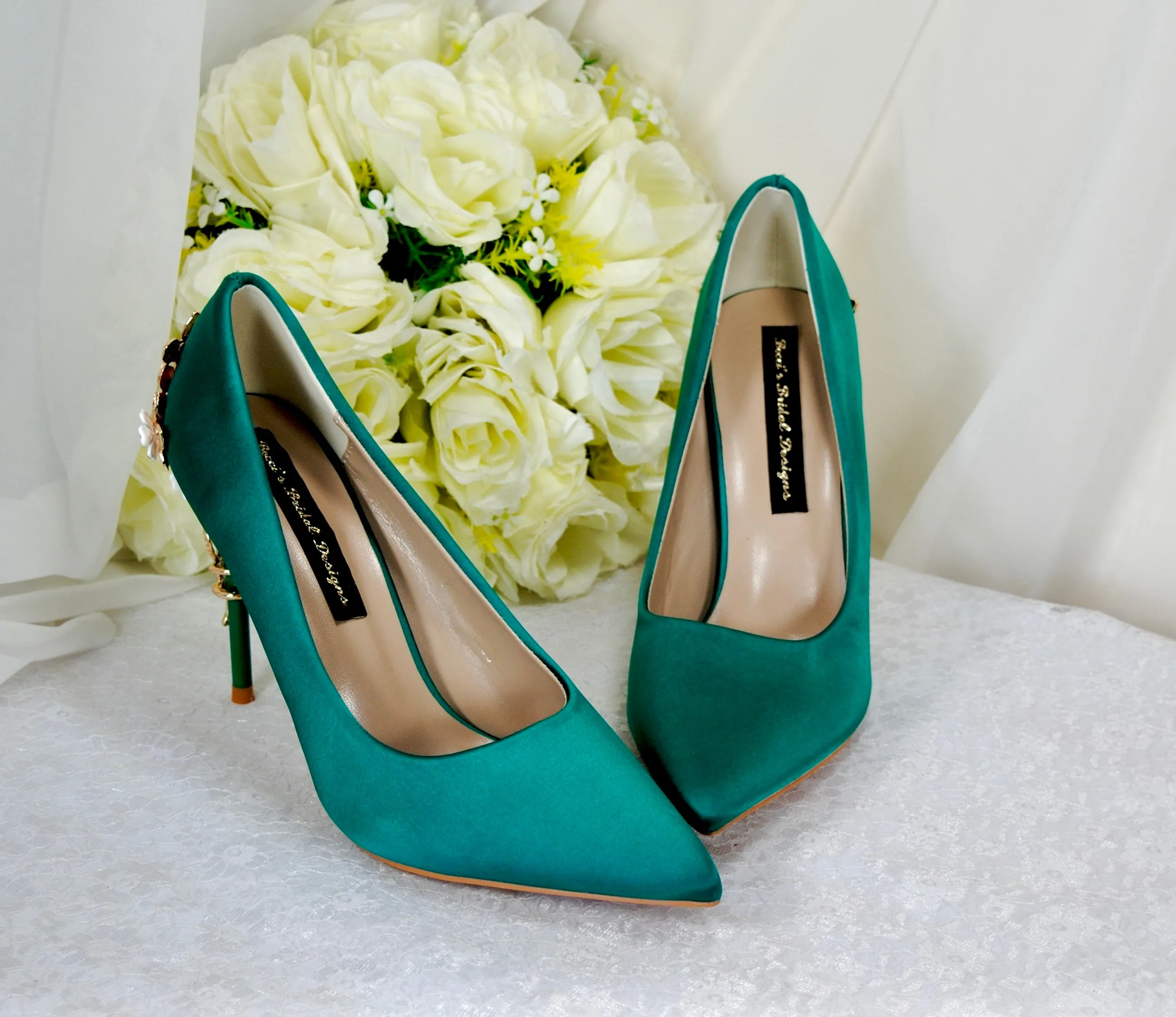 Green Satin with 'Cherry Blossom'