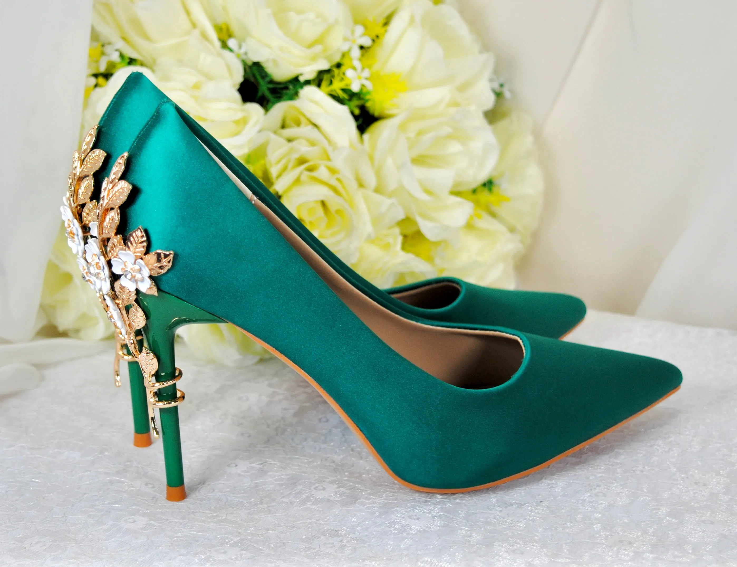 Green Satin with 'Cherry Blossom'