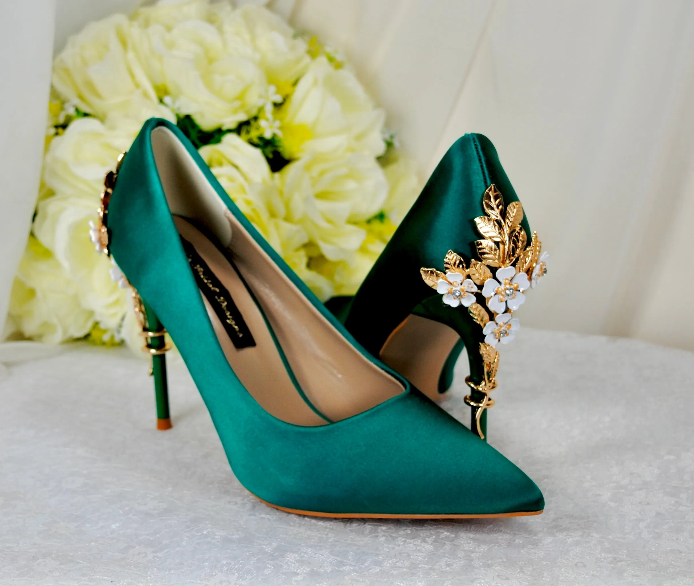 Green Satin with 'Cherry Blossom'