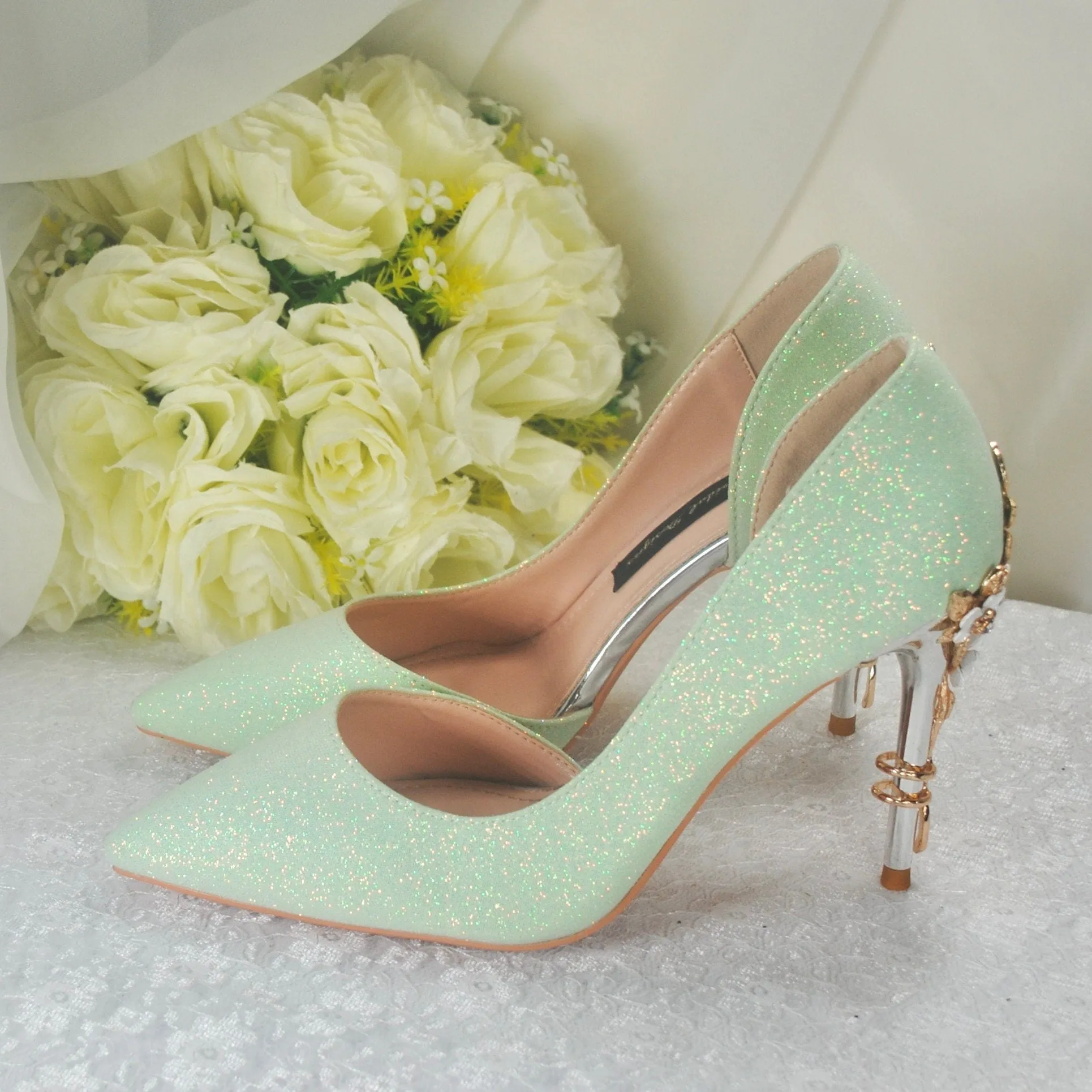 Green Shimmer Bridal Shoes with Cherry Blossom
