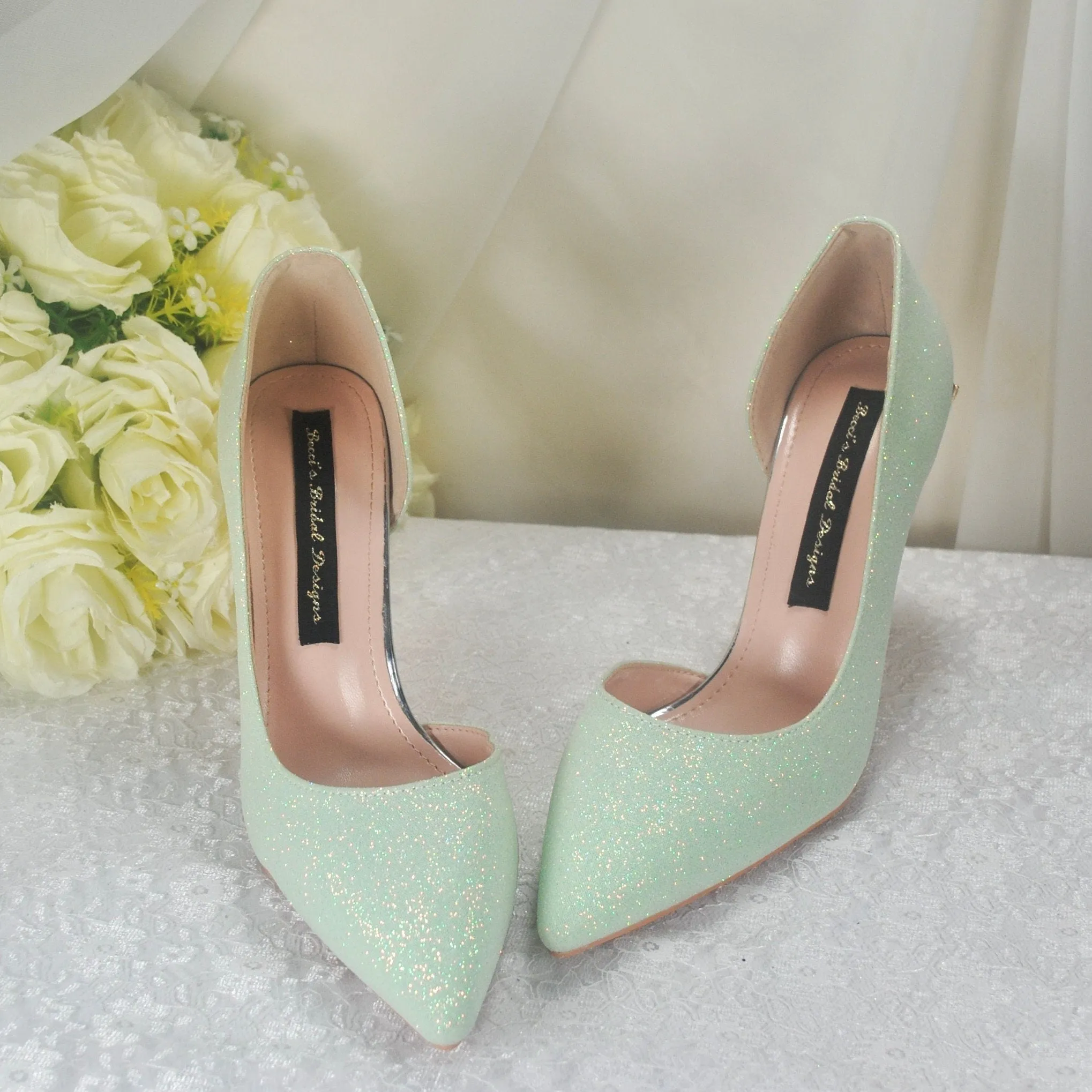 Green Shimmer Bridal Shoes with Cherry Blossom