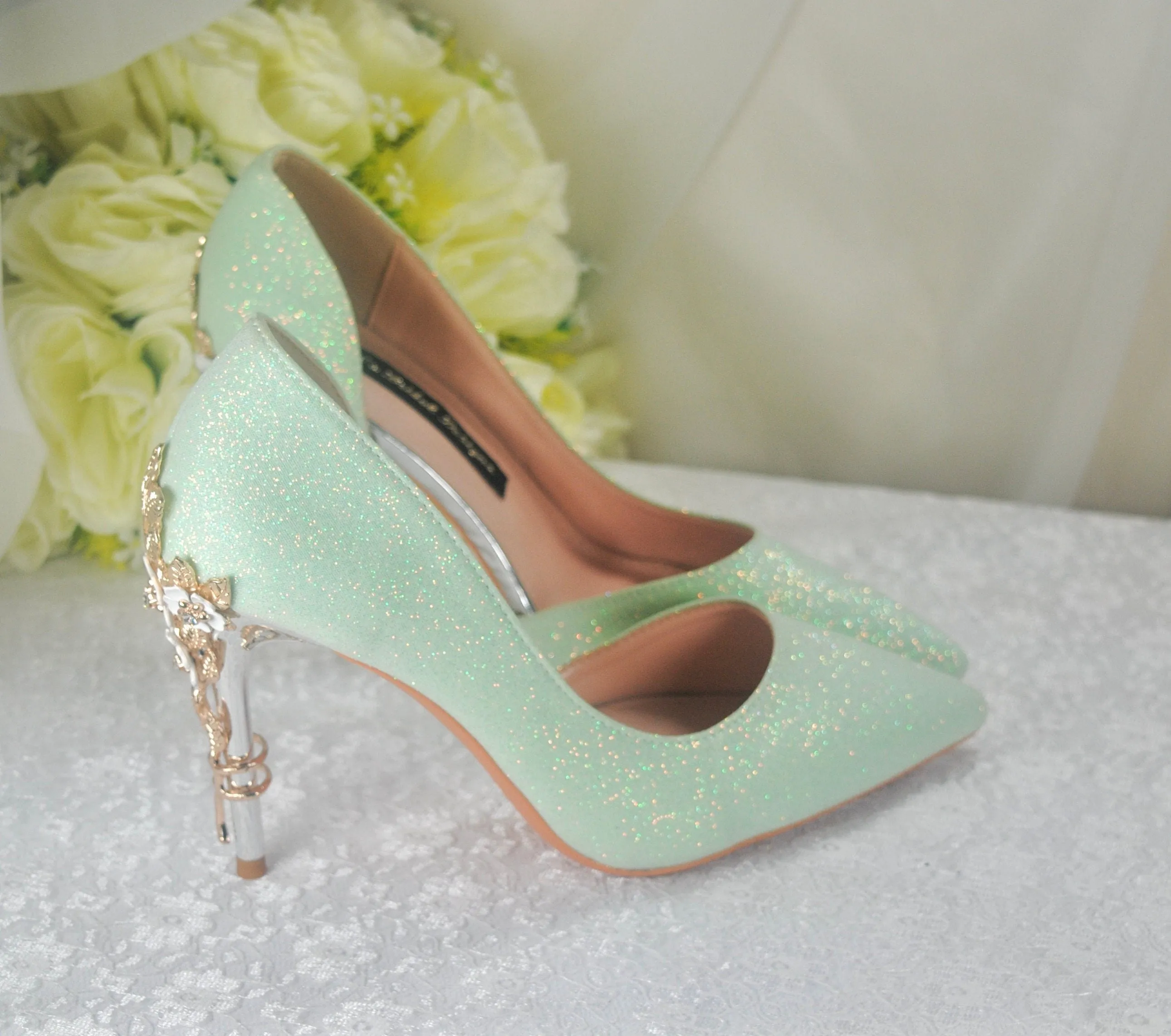 Green Shimmer Bridal Shoes with Cherry Blossom