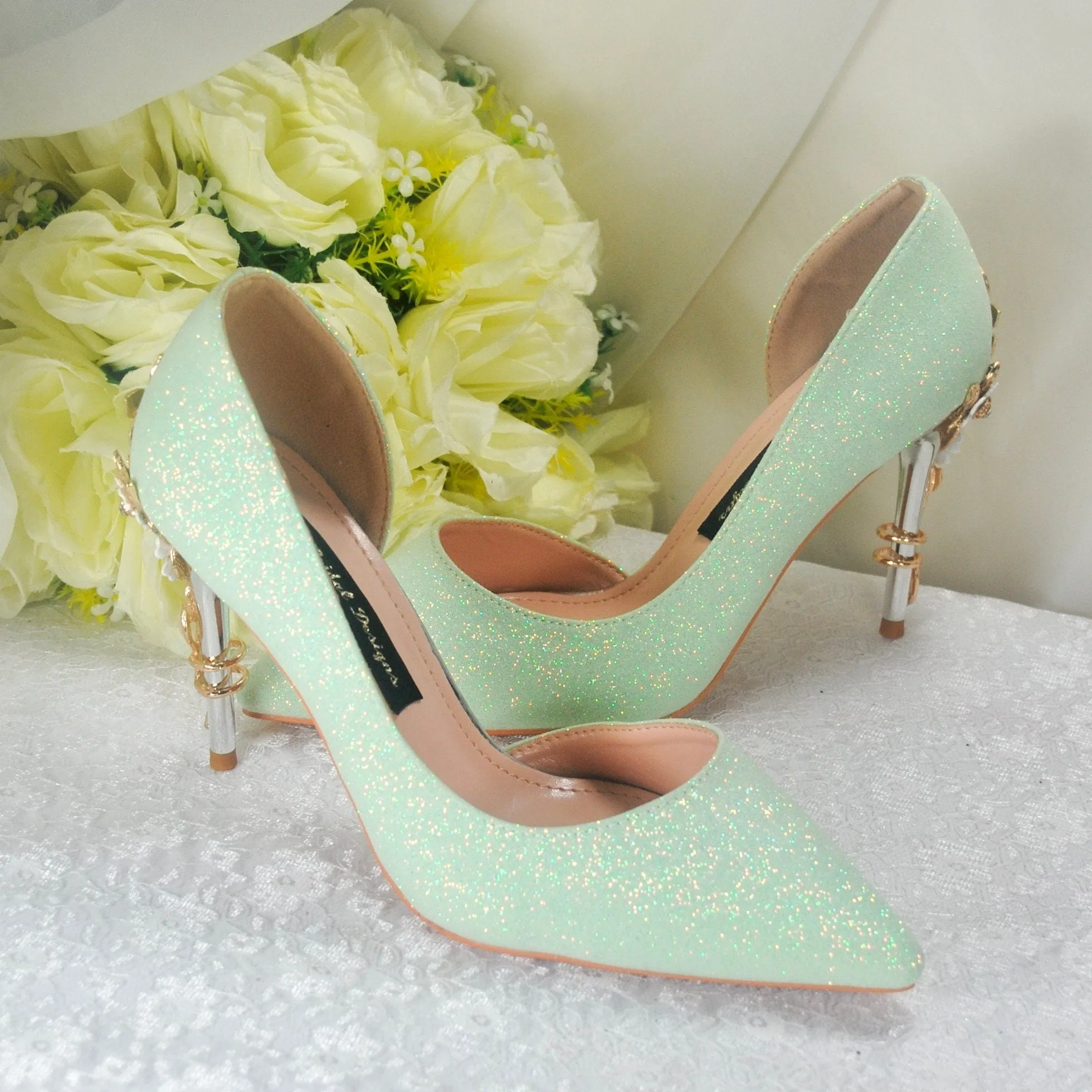 Green Shimmer Bridal Shoes with Cherry Blossom
