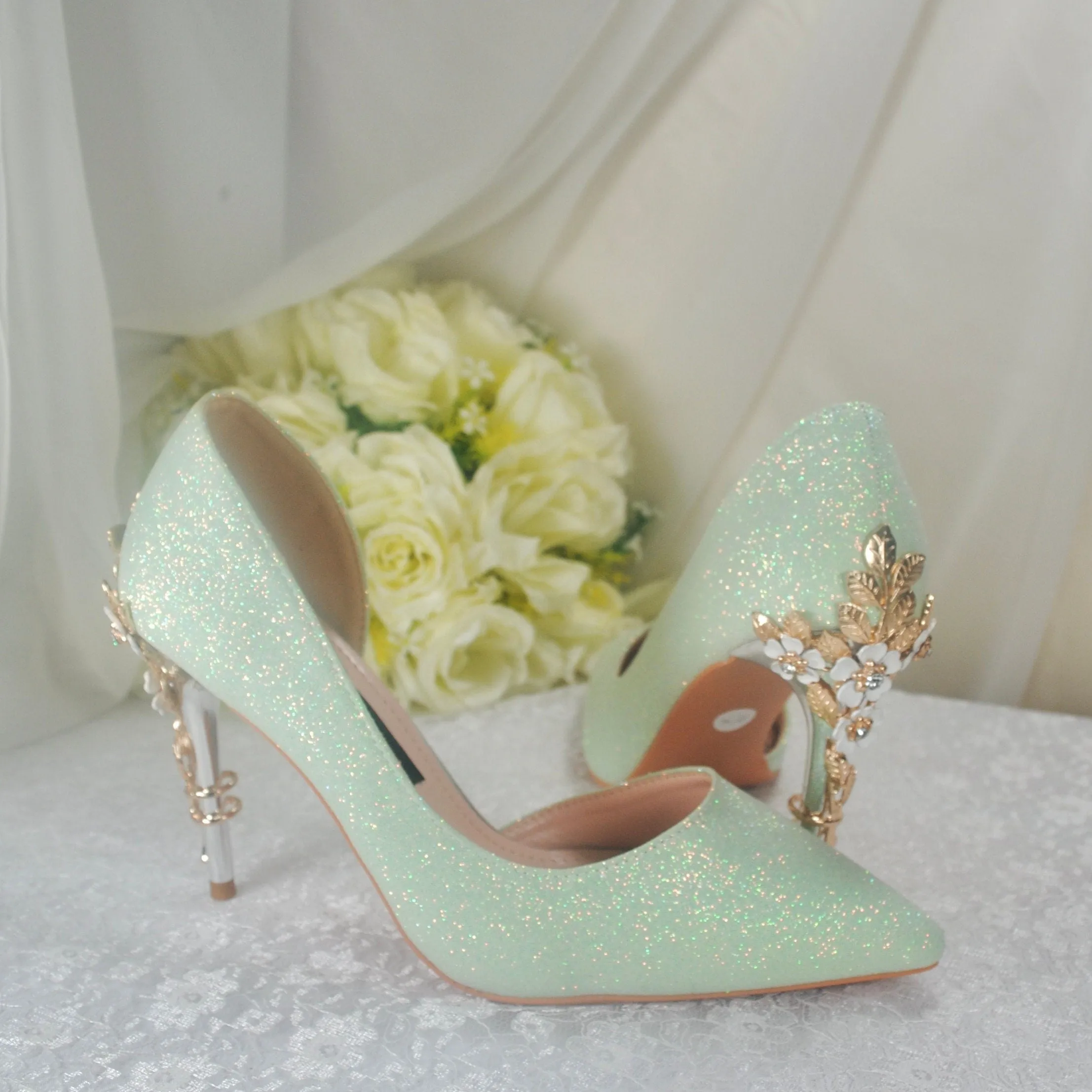 Green Shimmer Bridal Shoes with Cherry Blossom