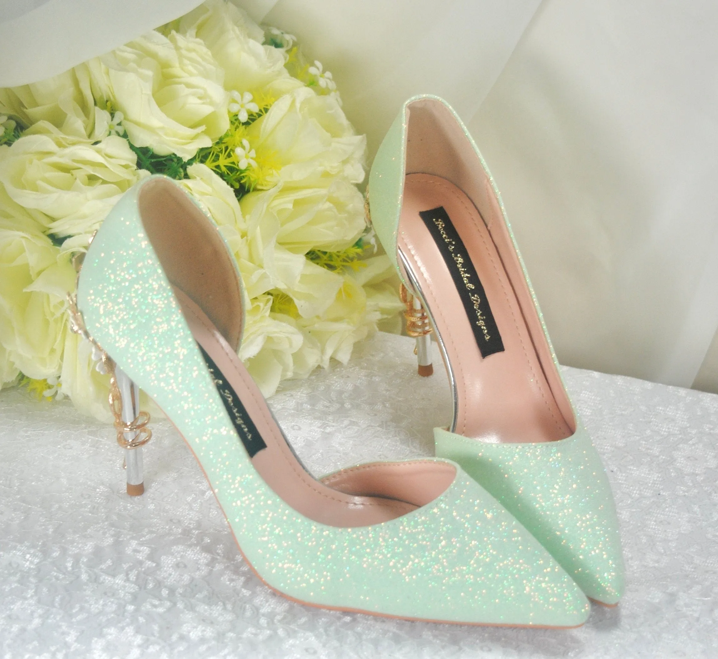 Green Shimmer Bridal Shoes with Cherry Blossom