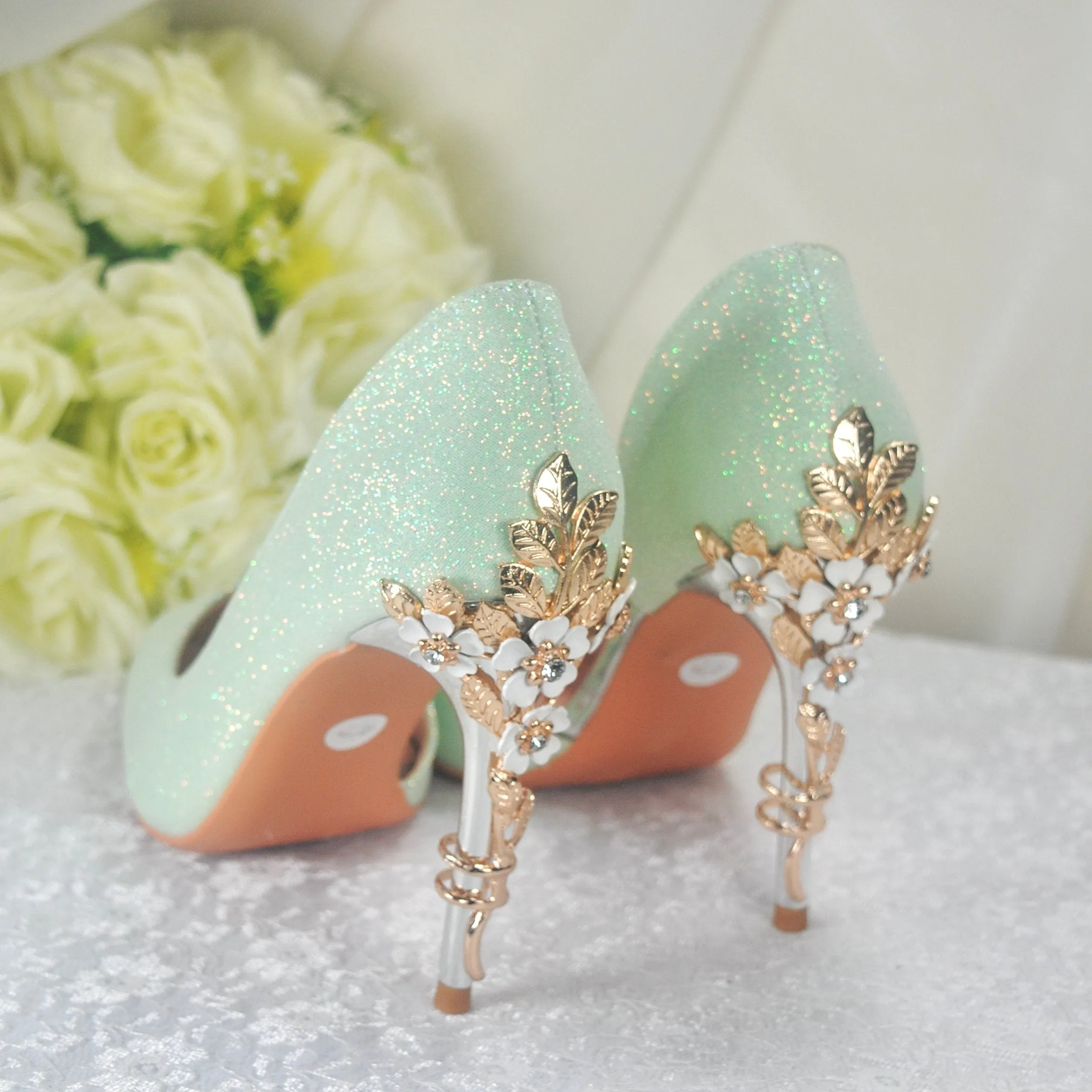 Green Shimmer Bridal Shoes with Cherry Blossom