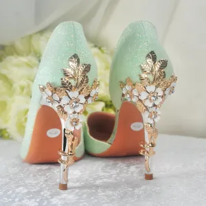 Green Shimmer Bridal Shoes with Cherry Blossom