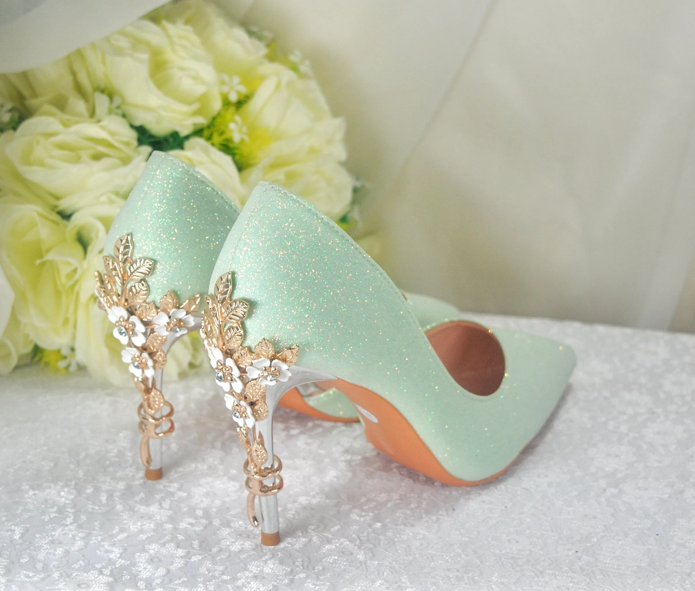 Green Shimmer Bridal Shoes with Cherry Blossom