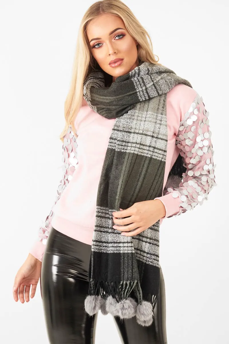 Grey Black Tartan Pom-Pom Scarf - Aayat