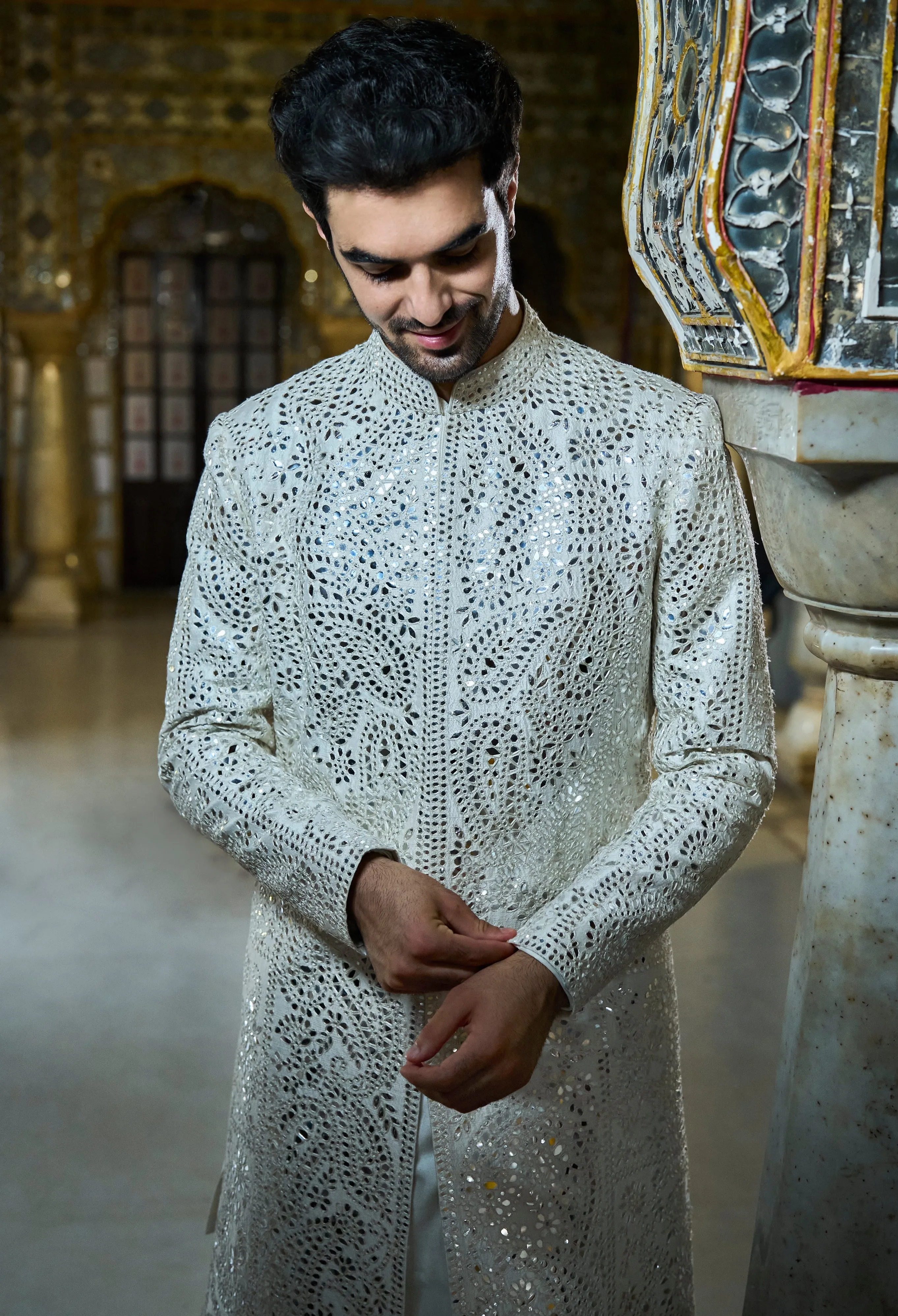 Ivory Mirror Work Sherwani Set